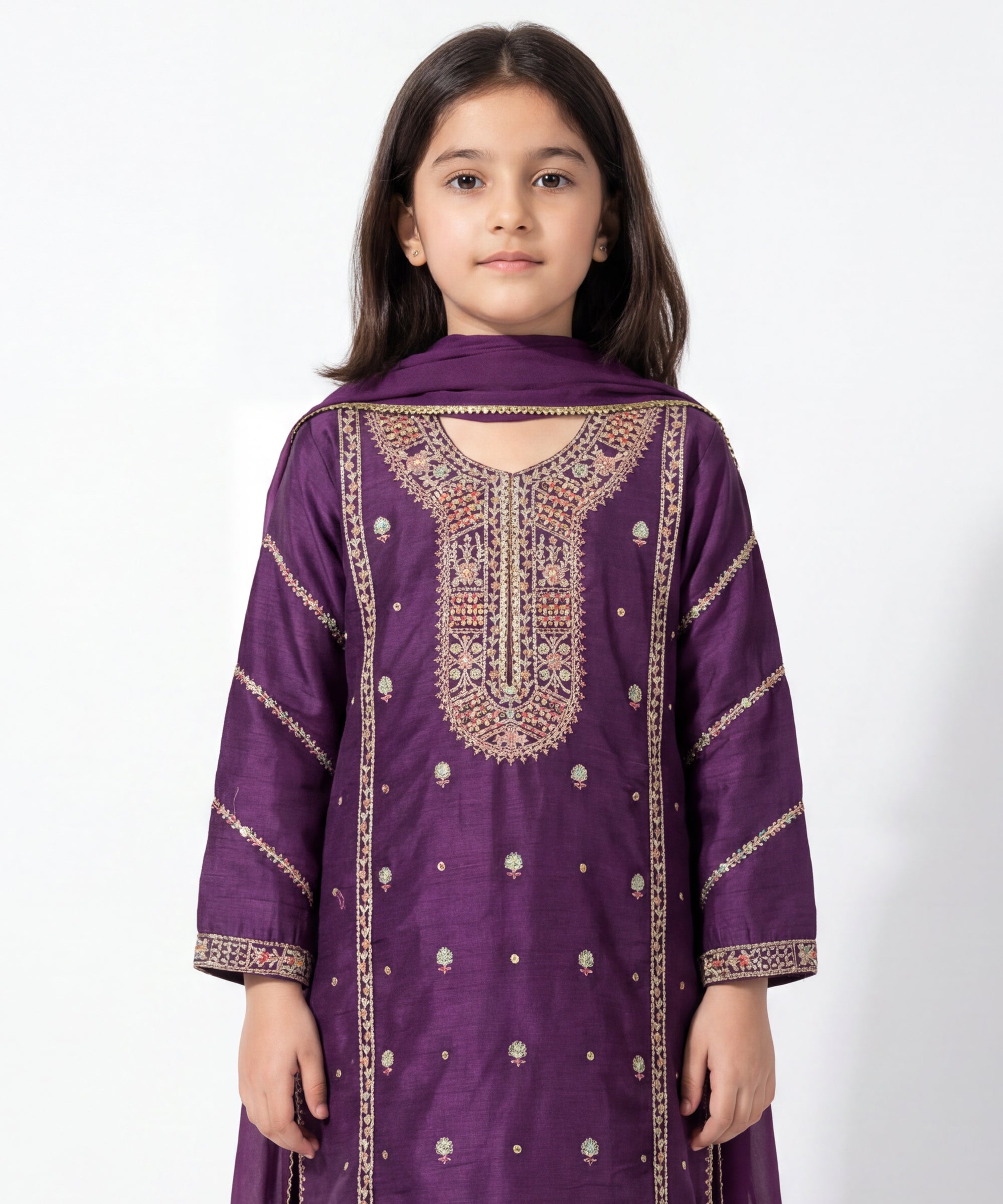 PURPLE RAW SILK EMBROIDERED STITCHED 3PC