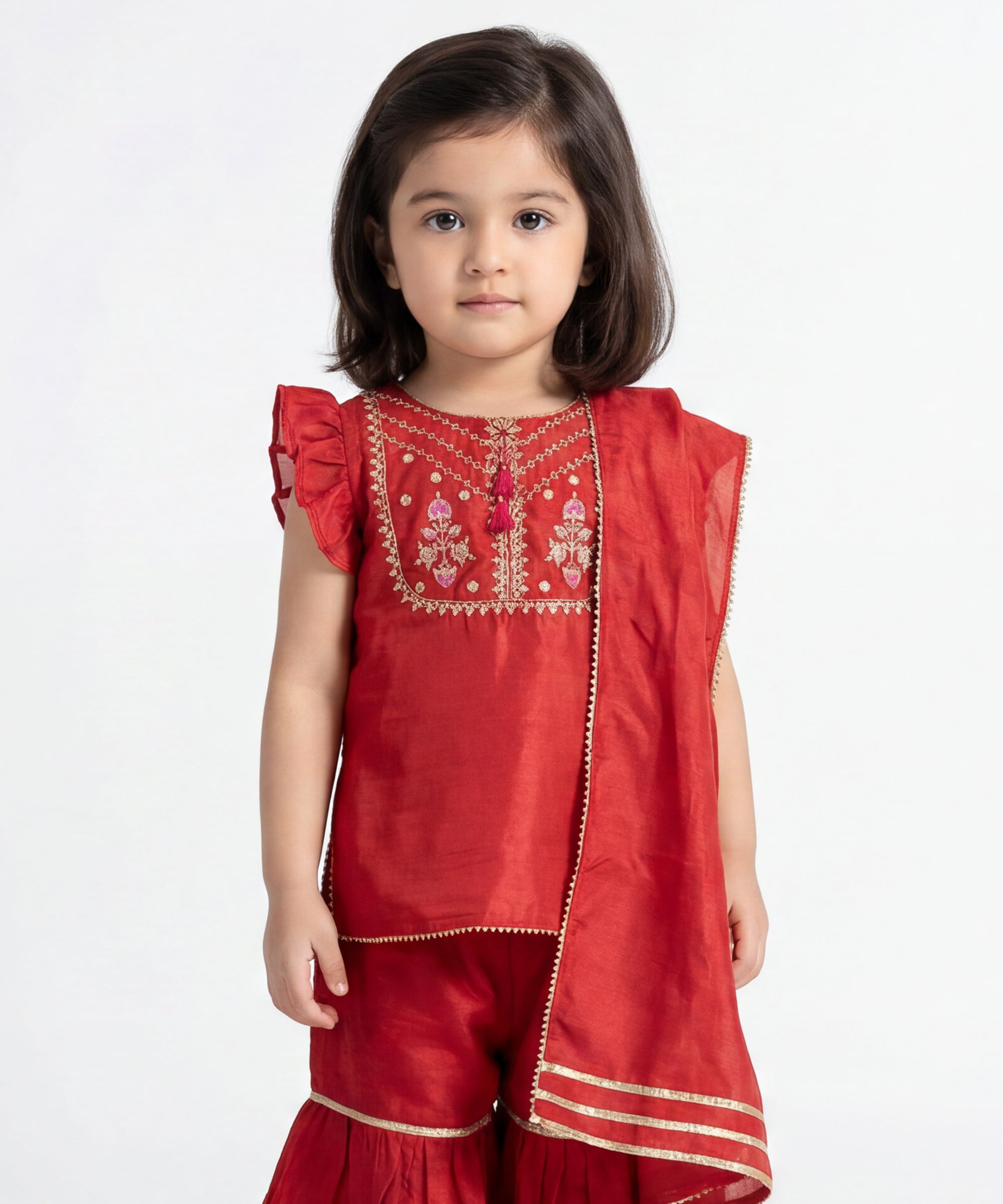 RED RAW SILK EMBROIDERED STITCHED 3PC