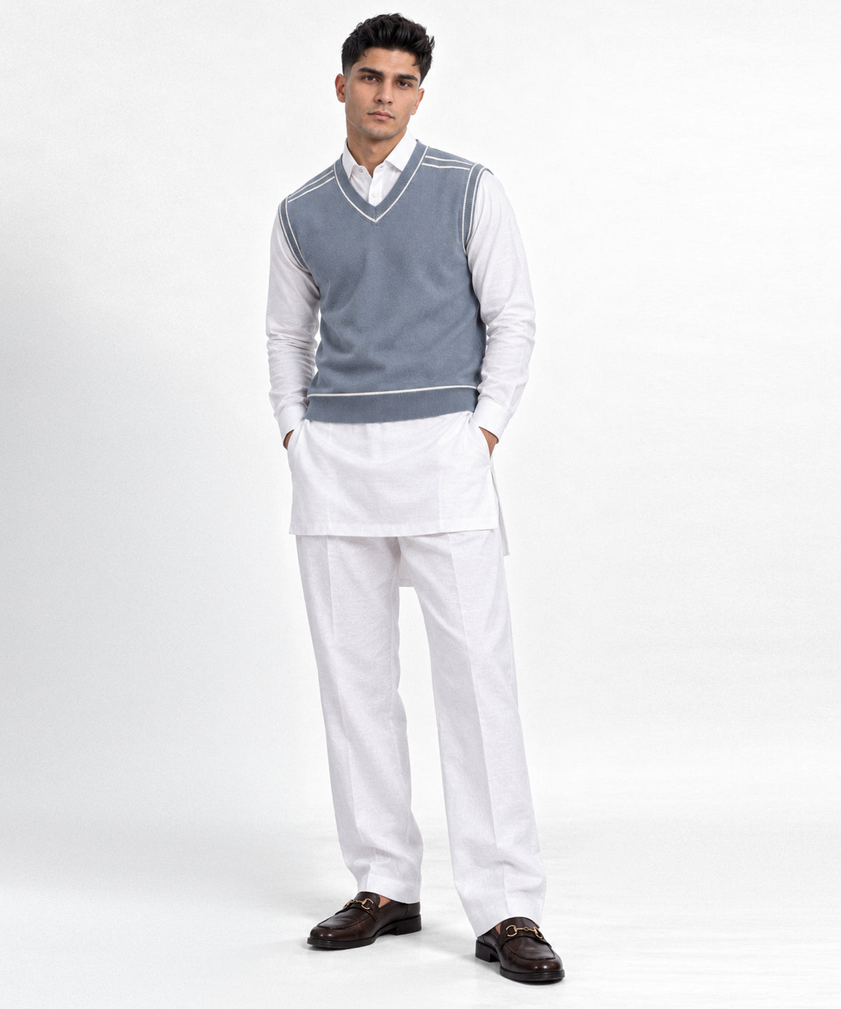 Blue Sleeveless V-Neck Sweater - full body view