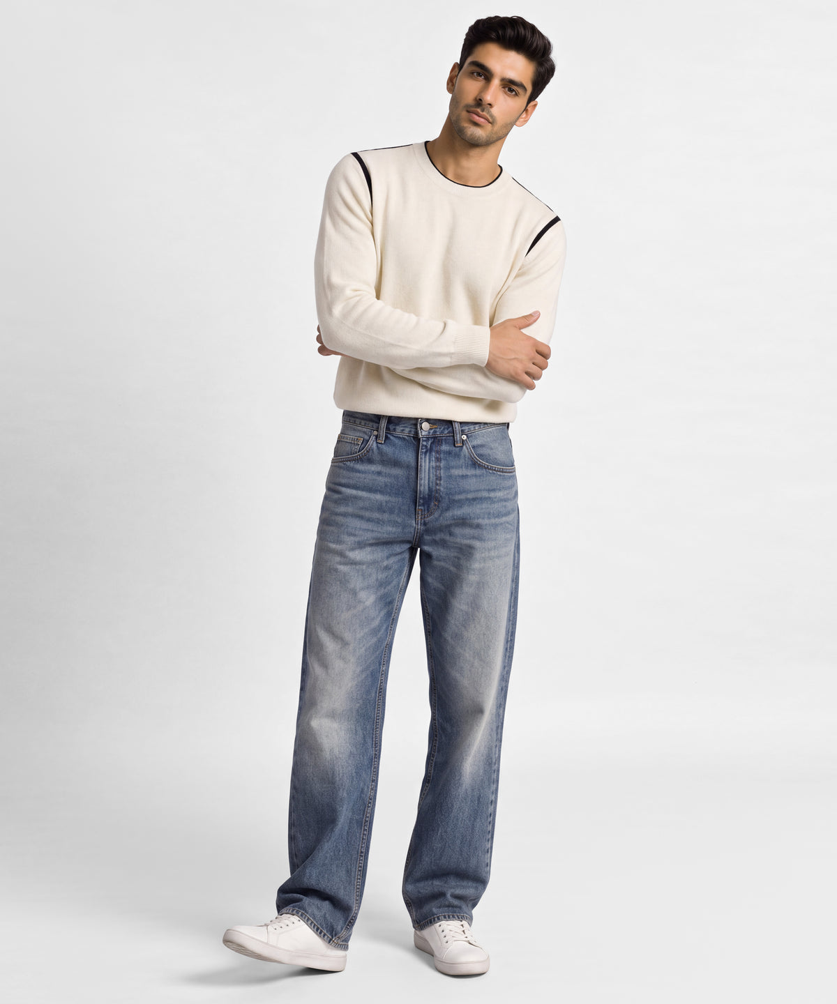 White Full Sleeves Crew Sweater - full body view