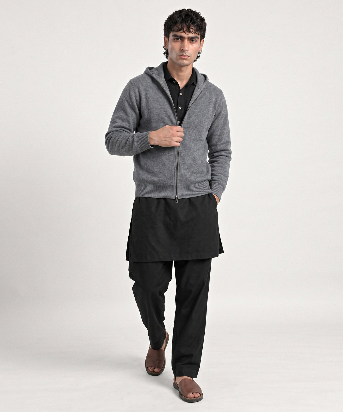 Grey Hoodneck Sweater - full body view