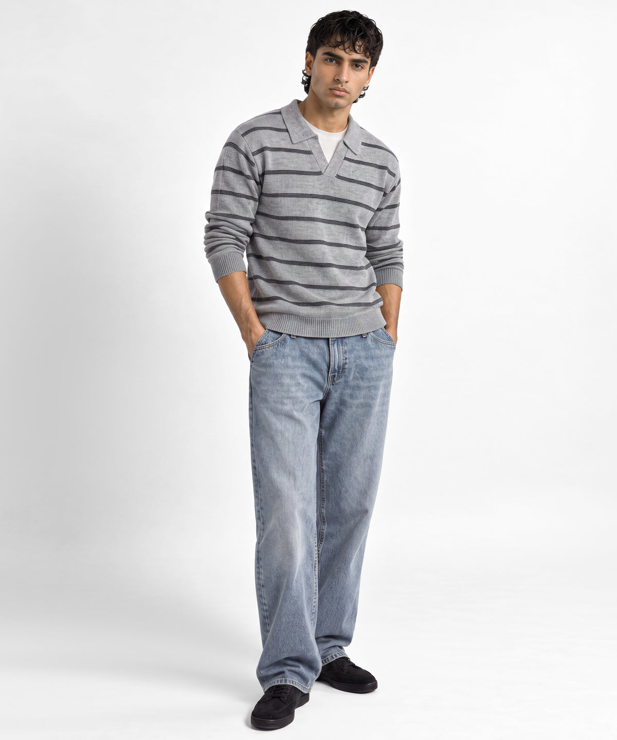 Grey Shirt Collared Sweater - full body view