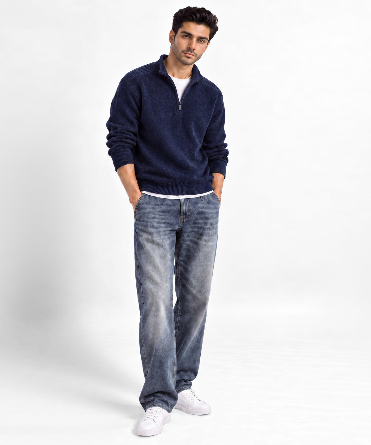 Navy Mock Neck Sweater - full body view
