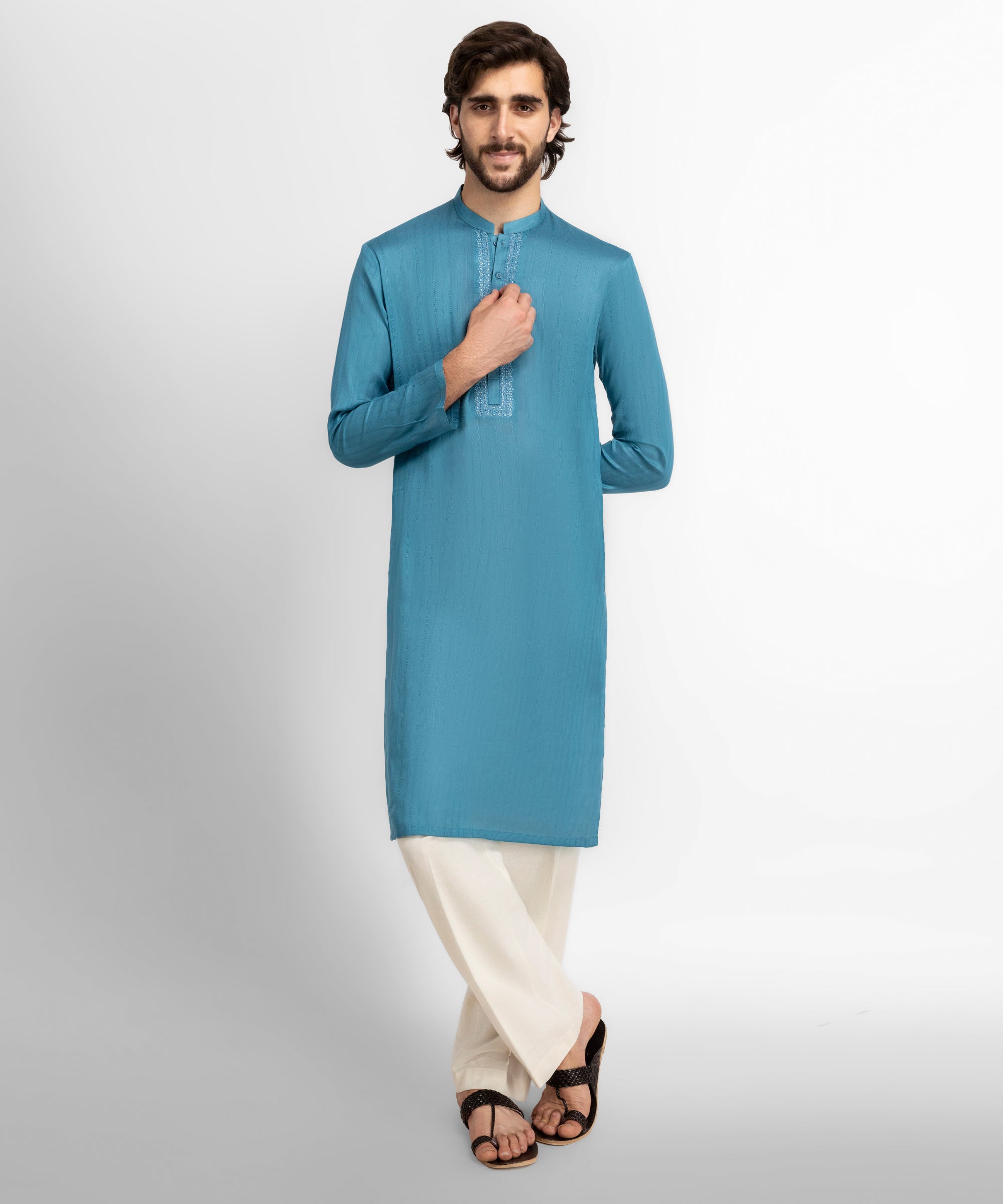 Teal Cotton Semi-Formal Handcrafted Kurta