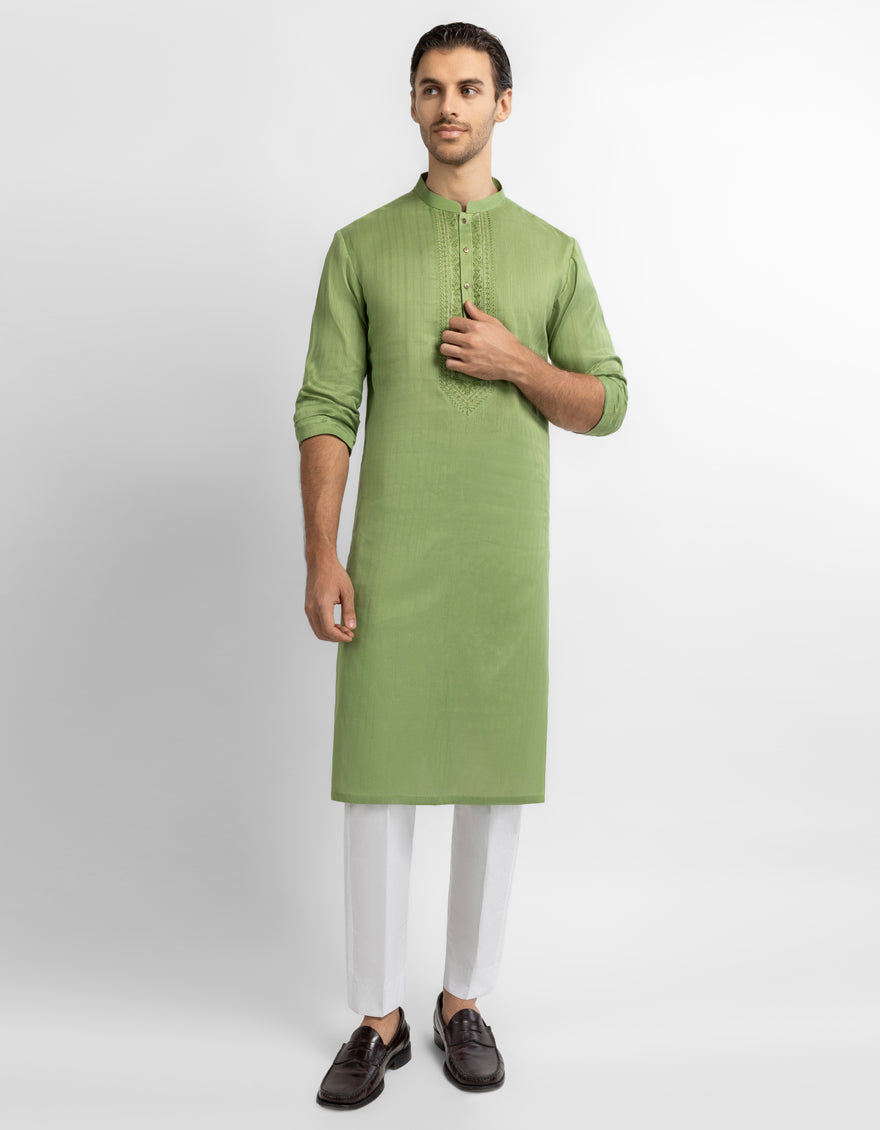 GREEN COTTON SEMI-FORMAL KURTA