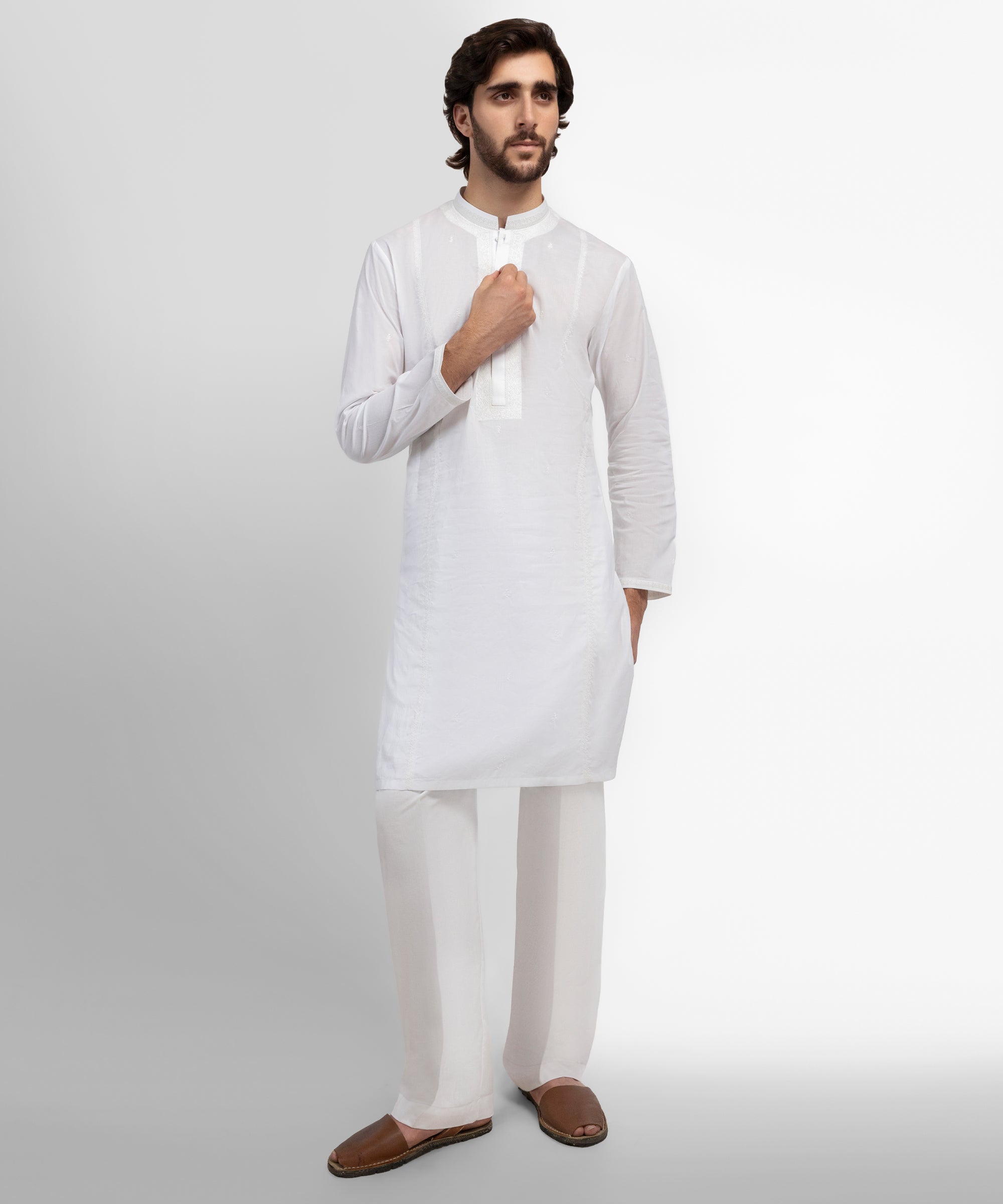 White Cotton Formal Schiffli Kurta