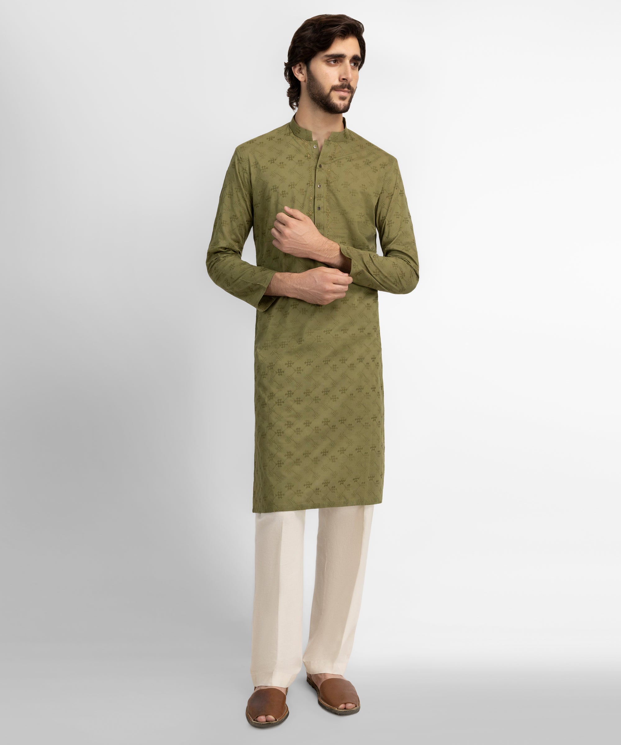 Olive Cotton Formal Schiffli Kurta