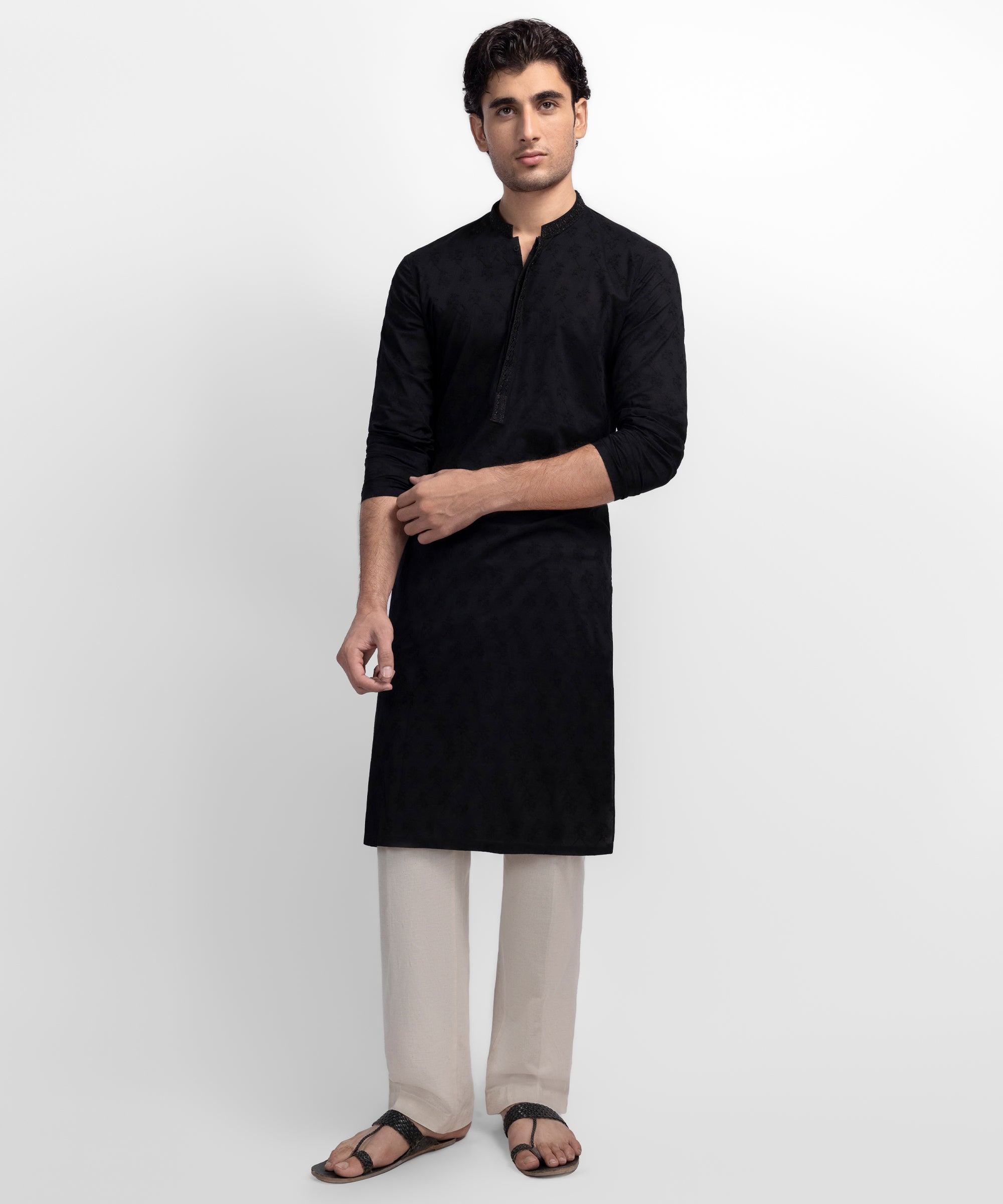 Black Semi-Formal Schiffli Cotton Kurta