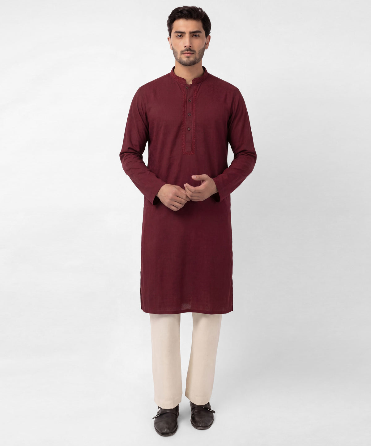 Burgundy Cotton Semi-Formal Jacquard Kurta