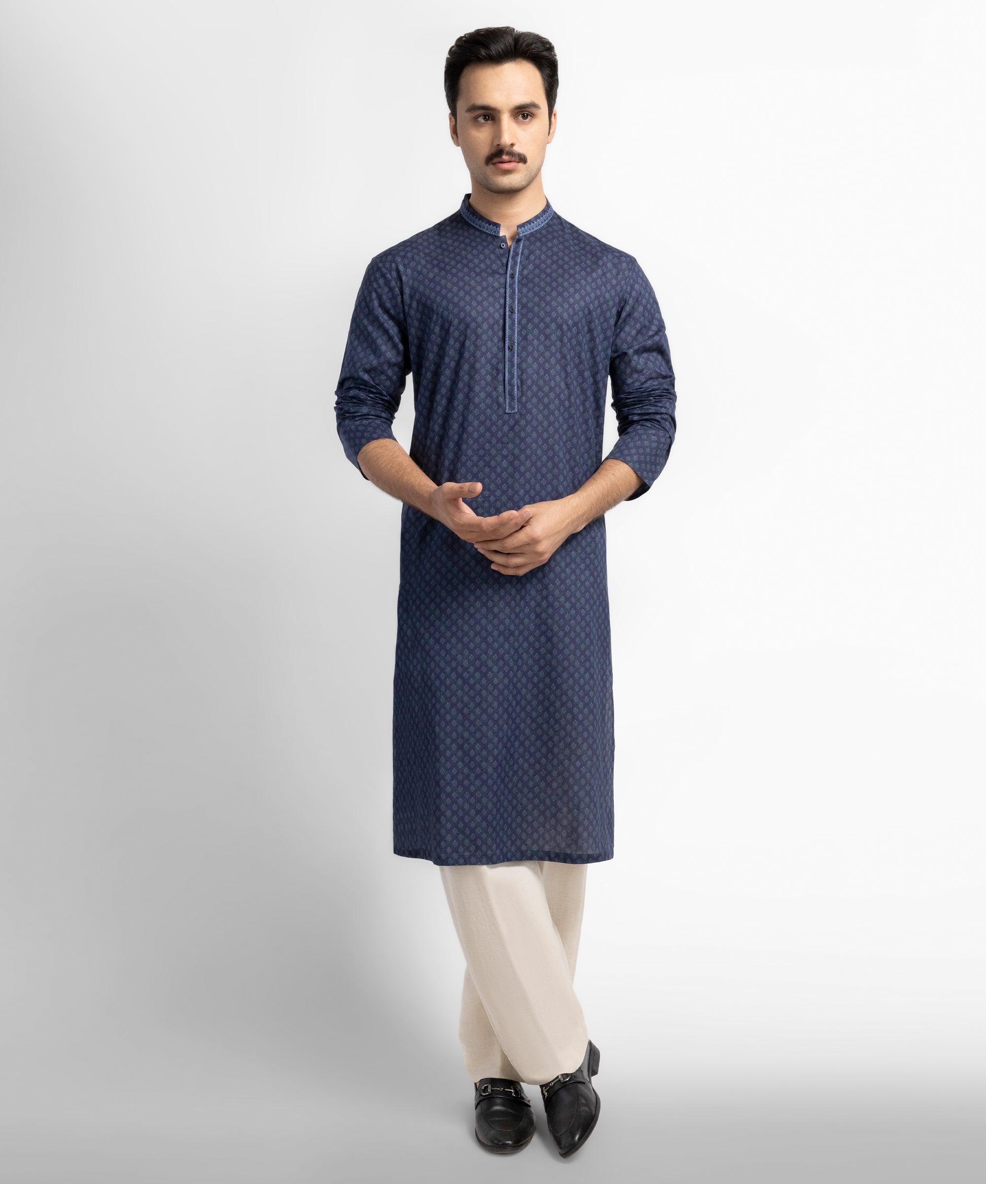 Navy Blue Cotton Semi-Formal Kurta