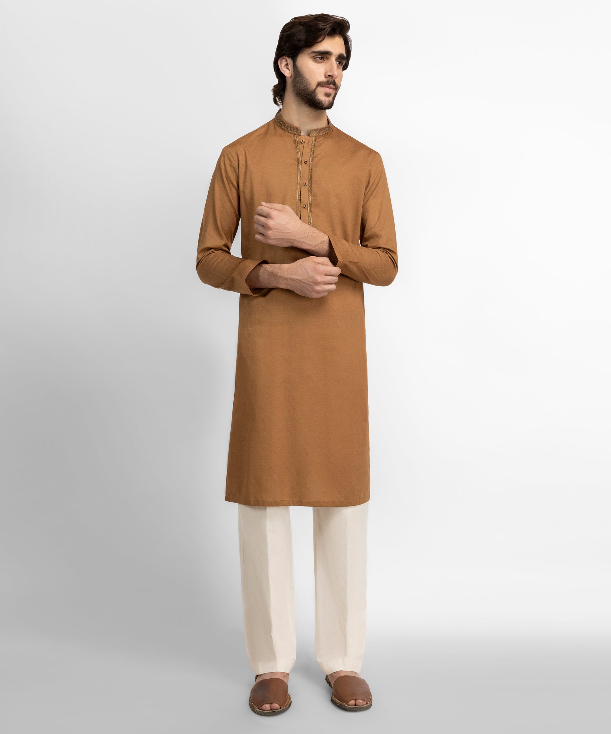 Brown Cotton Semi-Formal Jacquard Kurta
