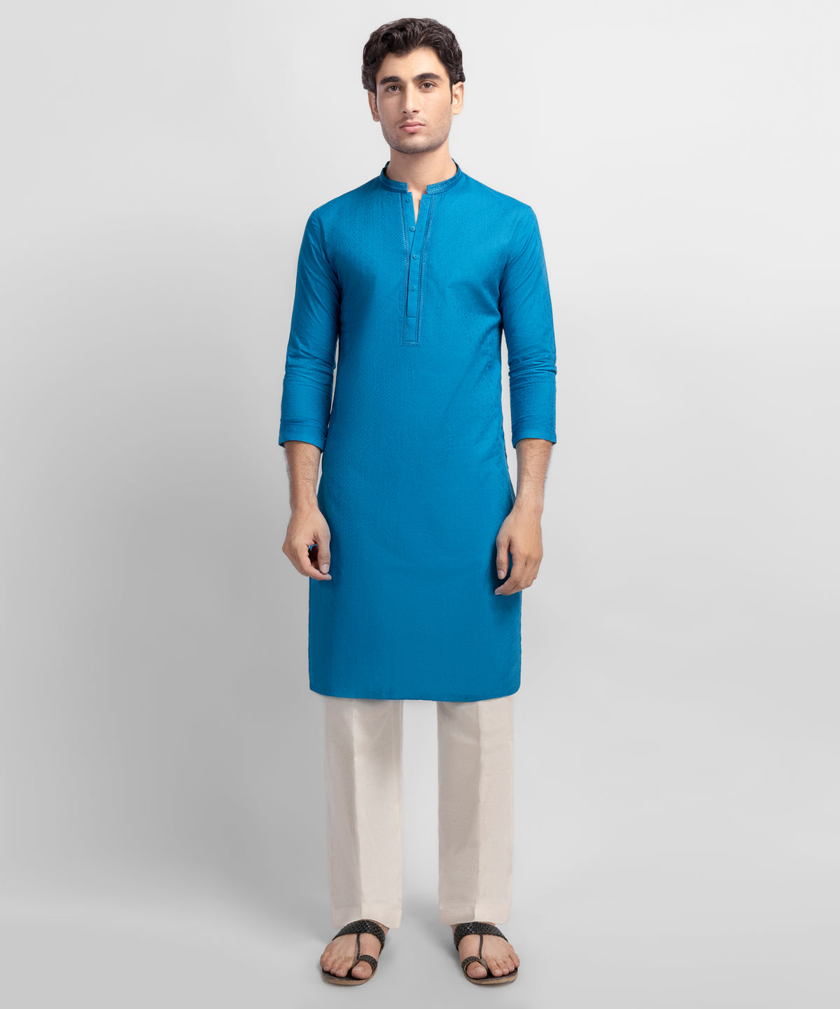 Turquoise Jacquard Cotton Semi-Formal Kurta