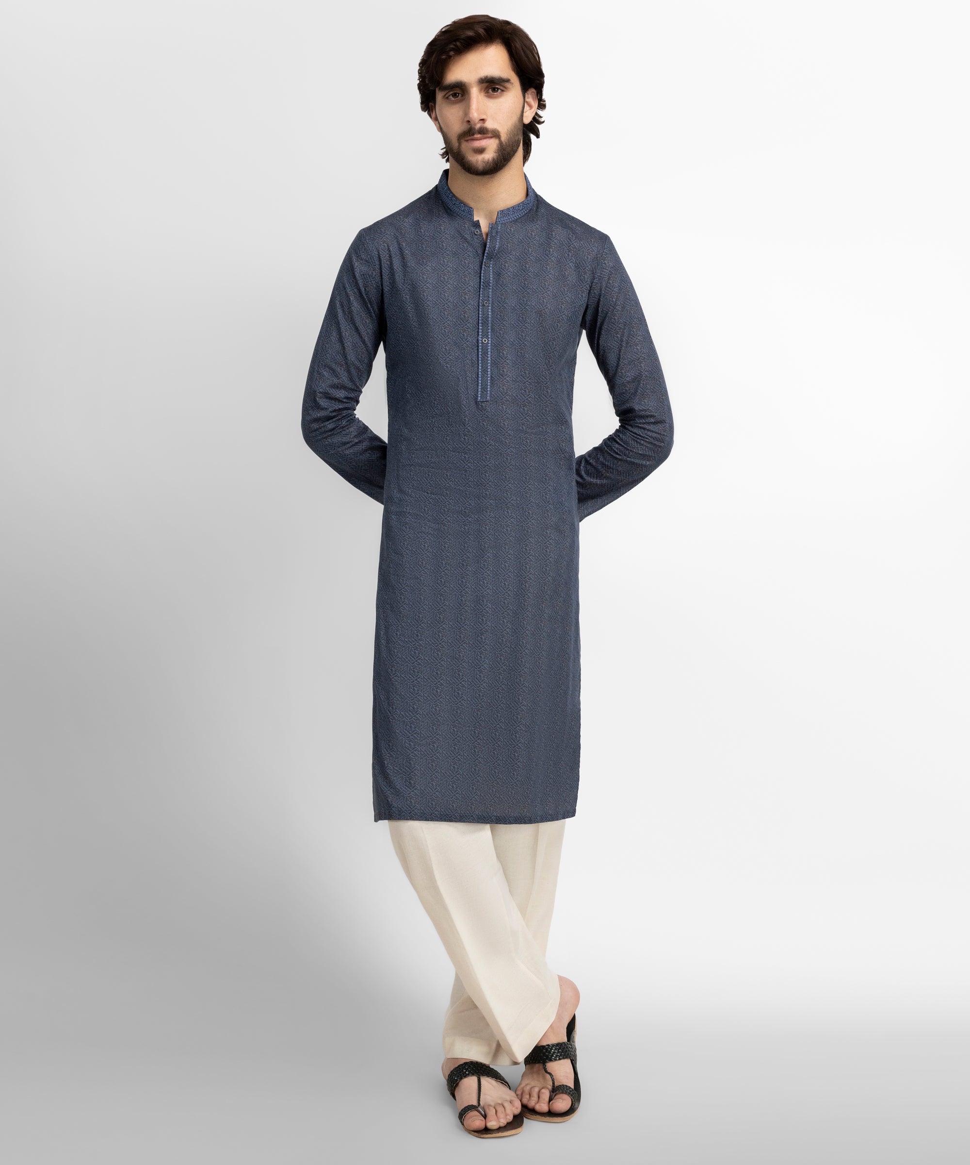 Blue Cotton Semi-Formal Kurta