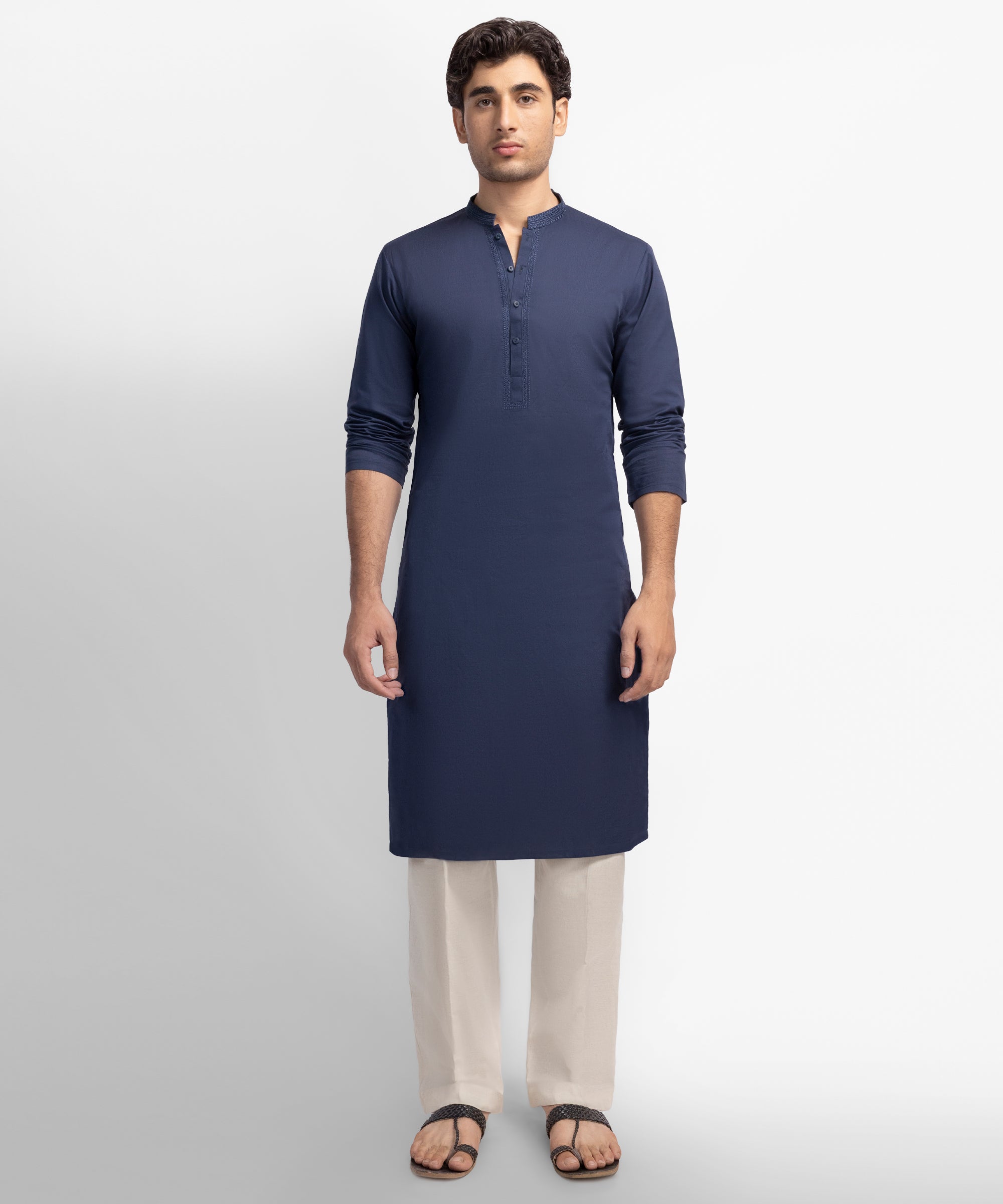 Navy Blue Semi-Formal Bunnat Cotton Kurta