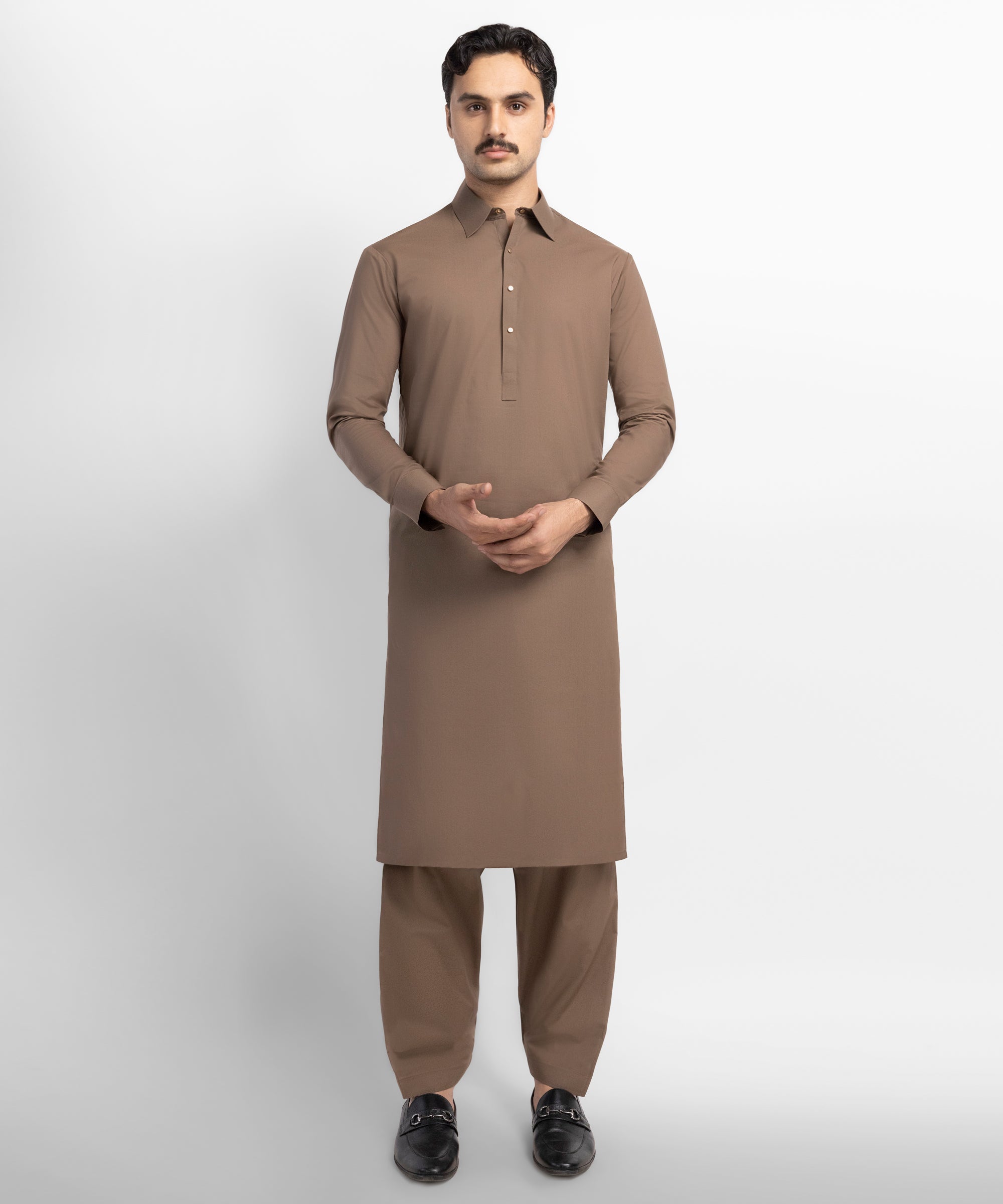 Brown Cotton Plain Kameez Shalwar