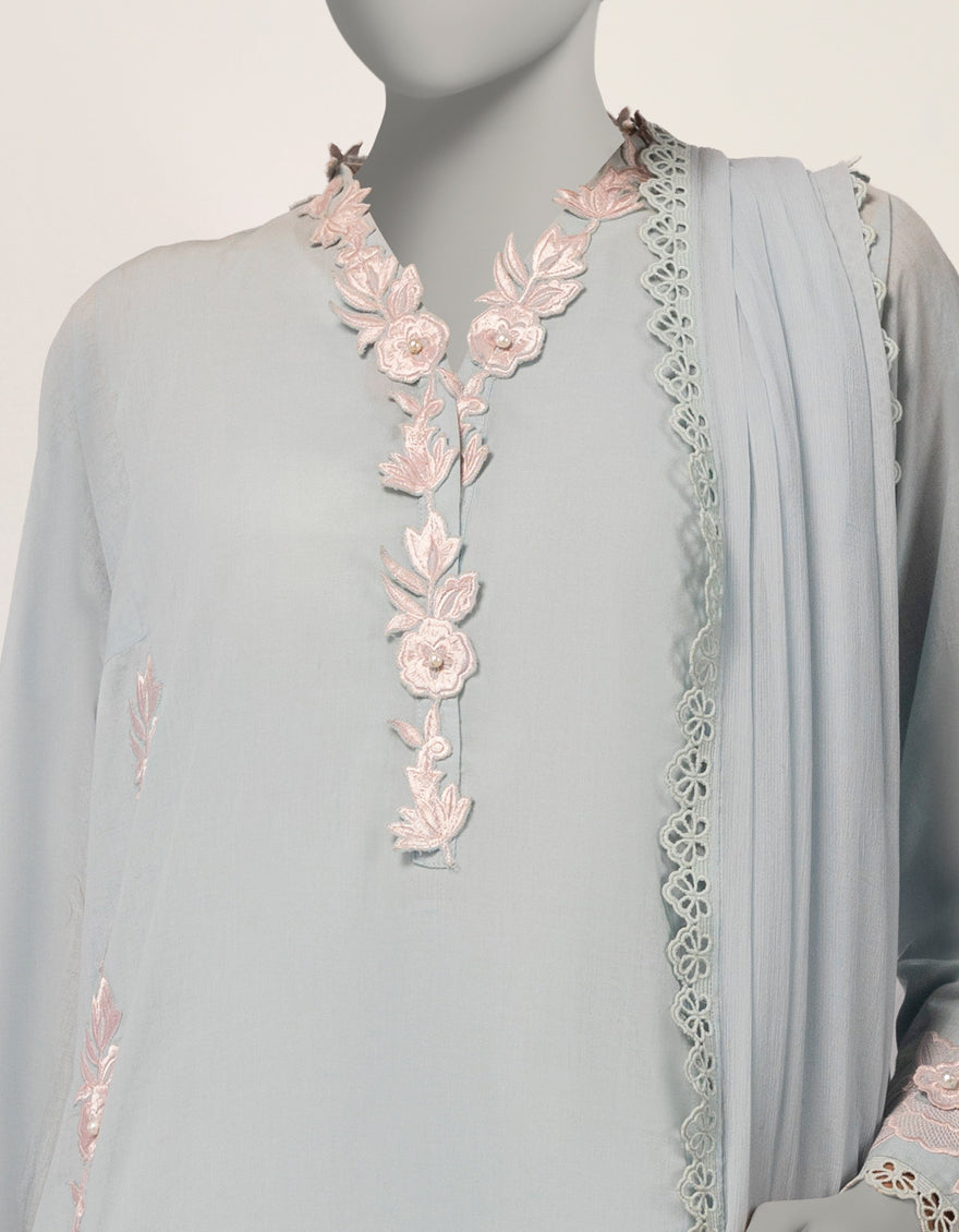 BLUE DOBBY EMBROIDERED STITCHED 3PC