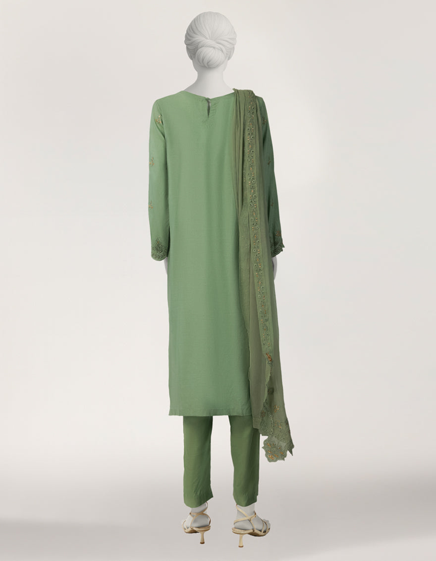 GREEN RAW SILK EMBROIDERED STITCHED 3PC