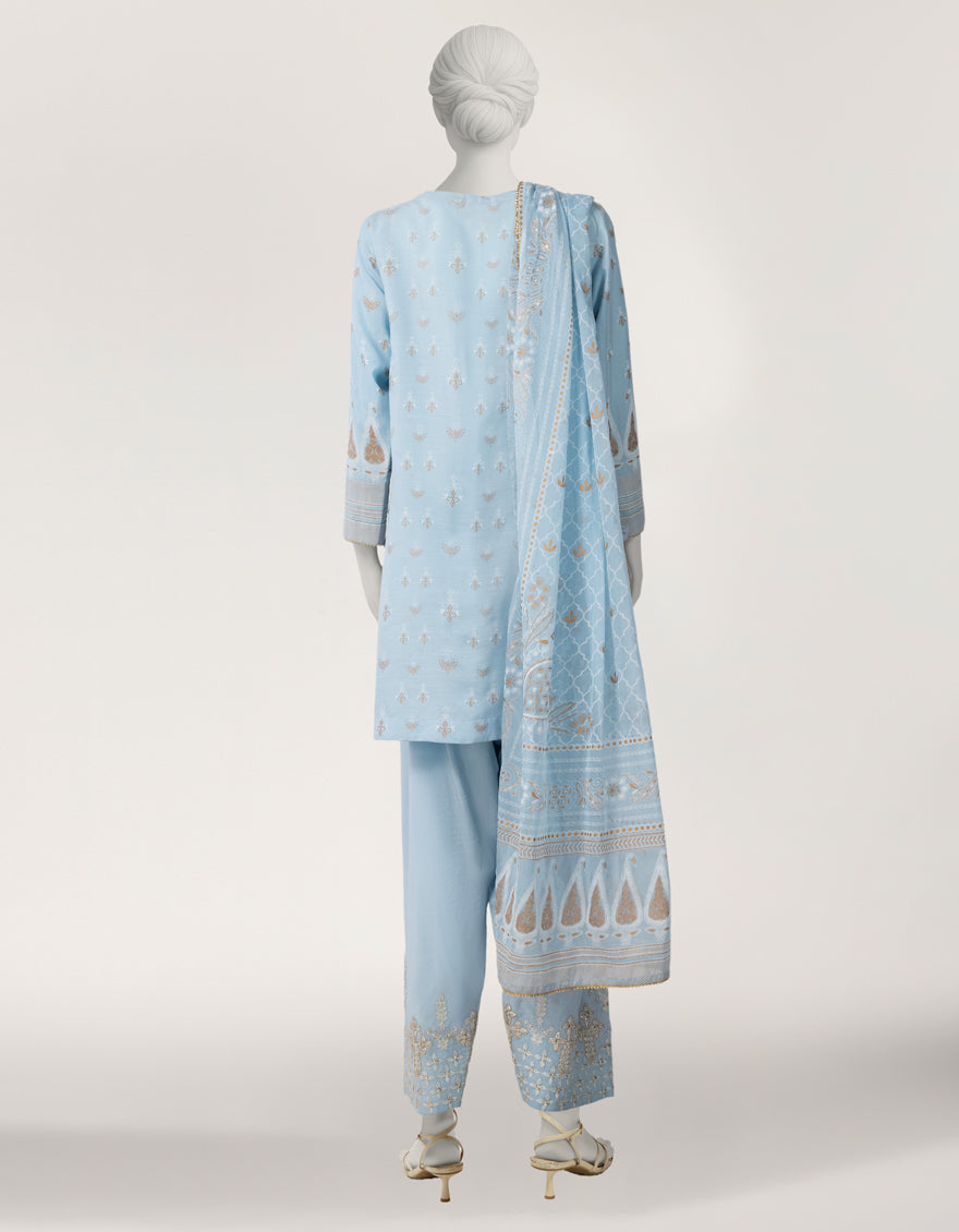 SKY BLUE RAW SILK EMBROIDERED STITCHED 3PC