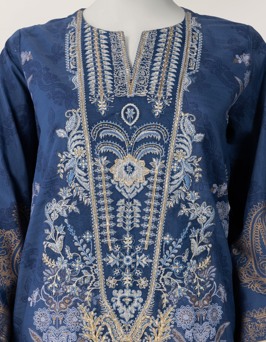 BLUE RAW SILK EMBROIDERED STITCHED 3PC
