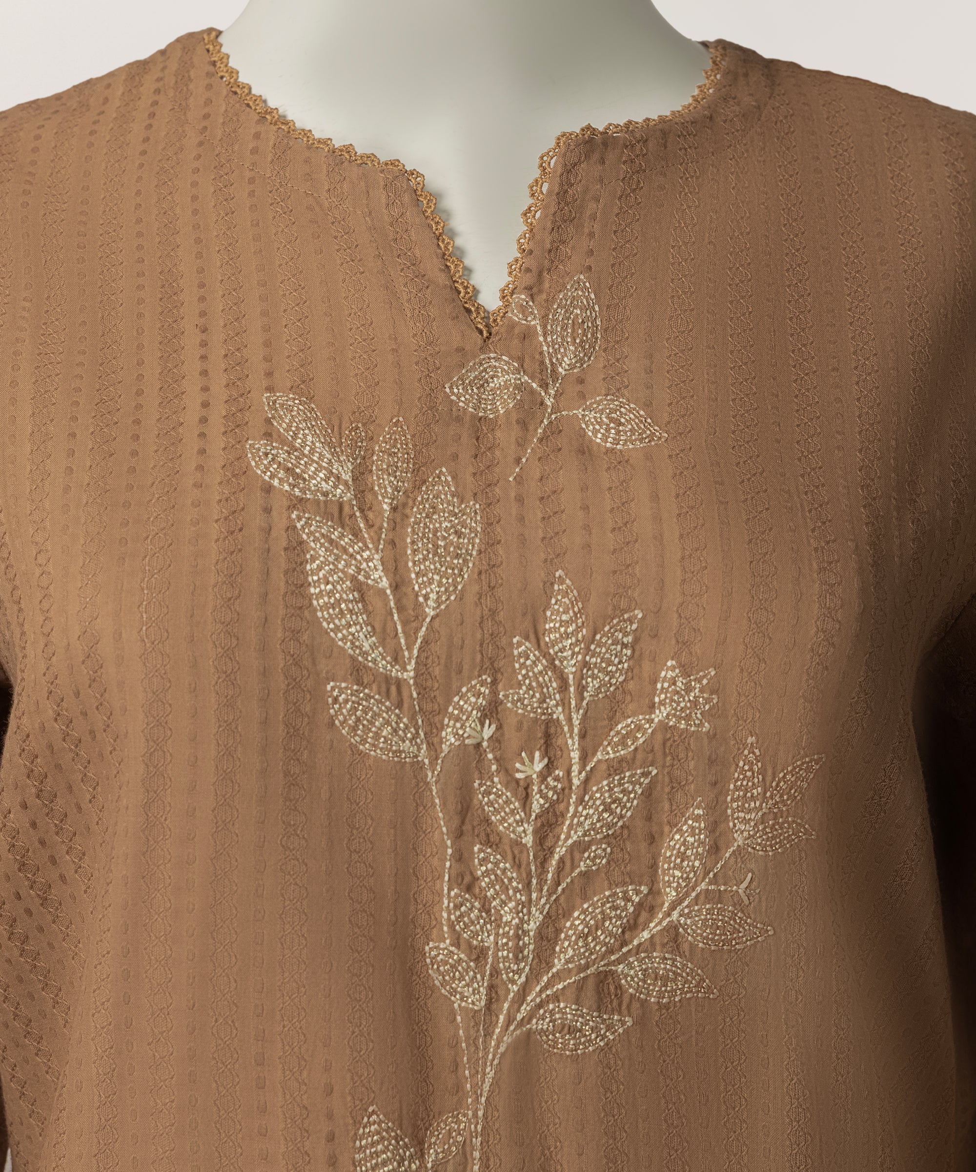 Brown Dobby Embroidered Stitched 3Pc
