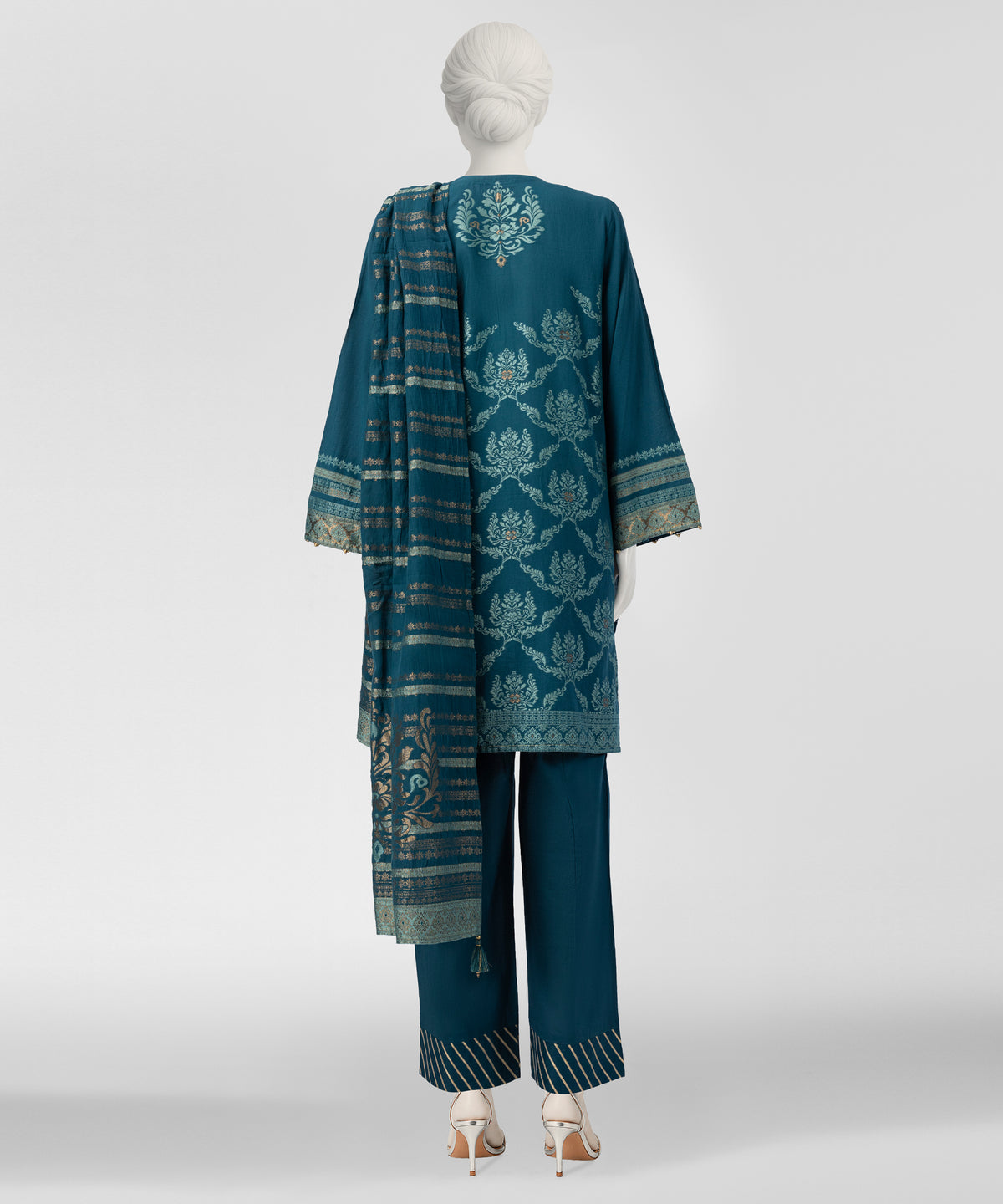 Teal Yarn Dyed Jacquard Stitched 3Pc
