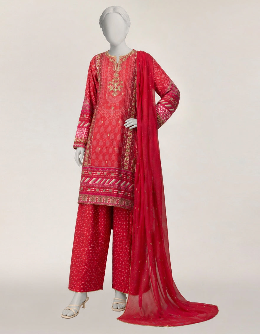 PINK COTTON SILK EMBROIDERED STITCHED 3PC