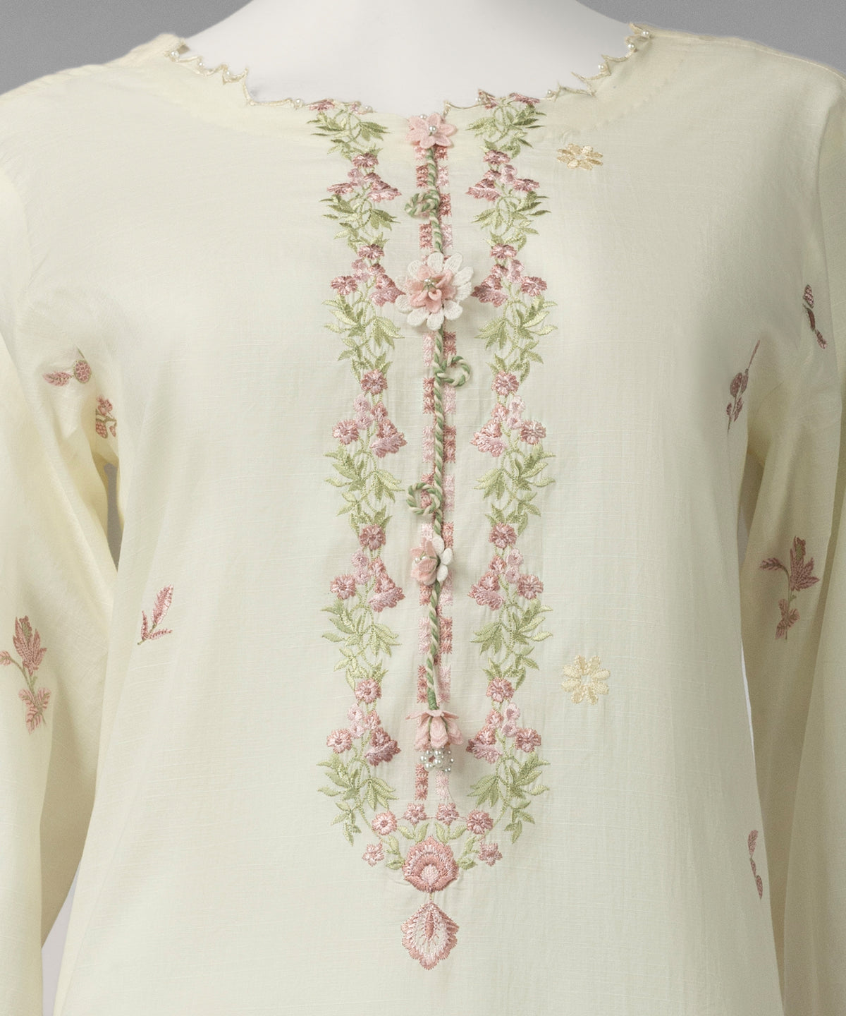 Cream Schiffli Slub Unstitched 3Pc