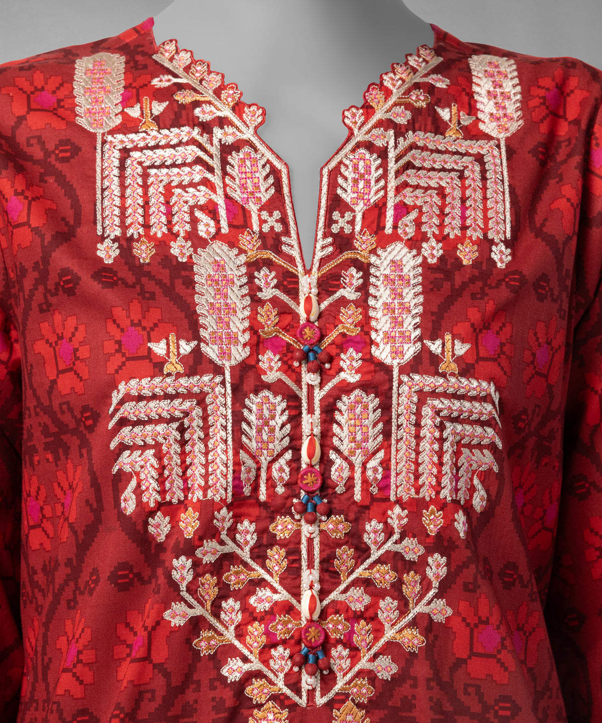 Red Embroidered Cambric Unstitched 3Pc