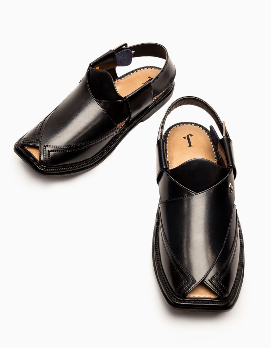Shiny Black Plain Peshawari Sandals