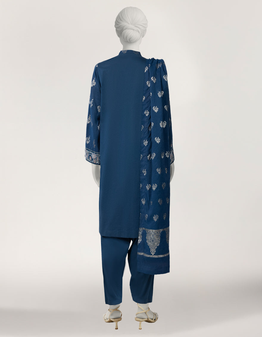 NAVY BLUE COTTON EMBROIDERED STITCHED 3PC