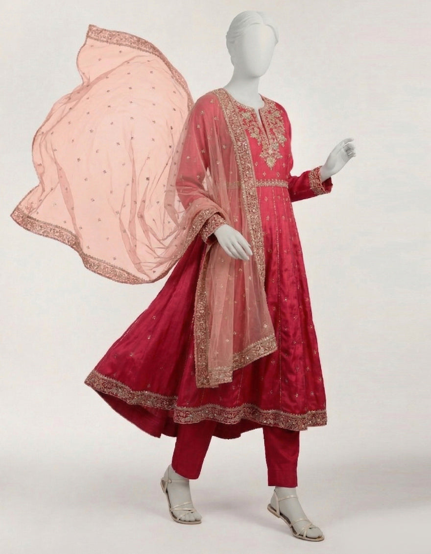HOT PINK RAW SILK EMBROIDERED STITCHED 3PC