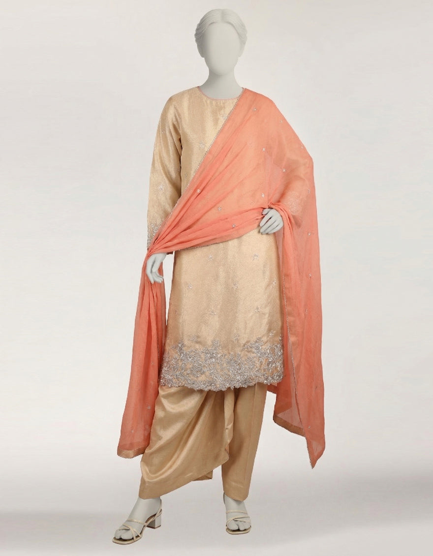 ROSE RAW SILK EMBROIDERED STITCHED 3PC