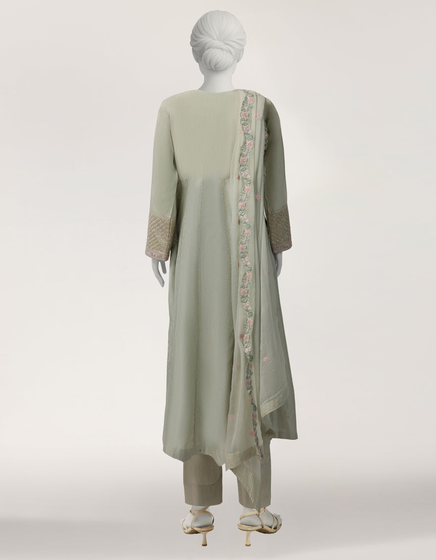 GREEN RAW SILK EMBROIDERED STITCHED 3PC