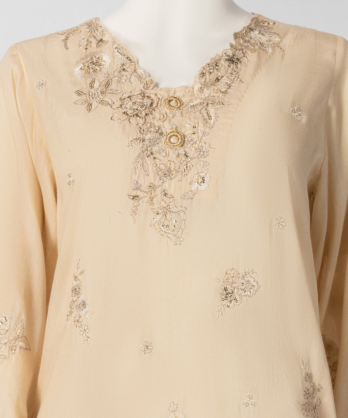 Cream Raw Silk Embroidered Stitched 3Pc