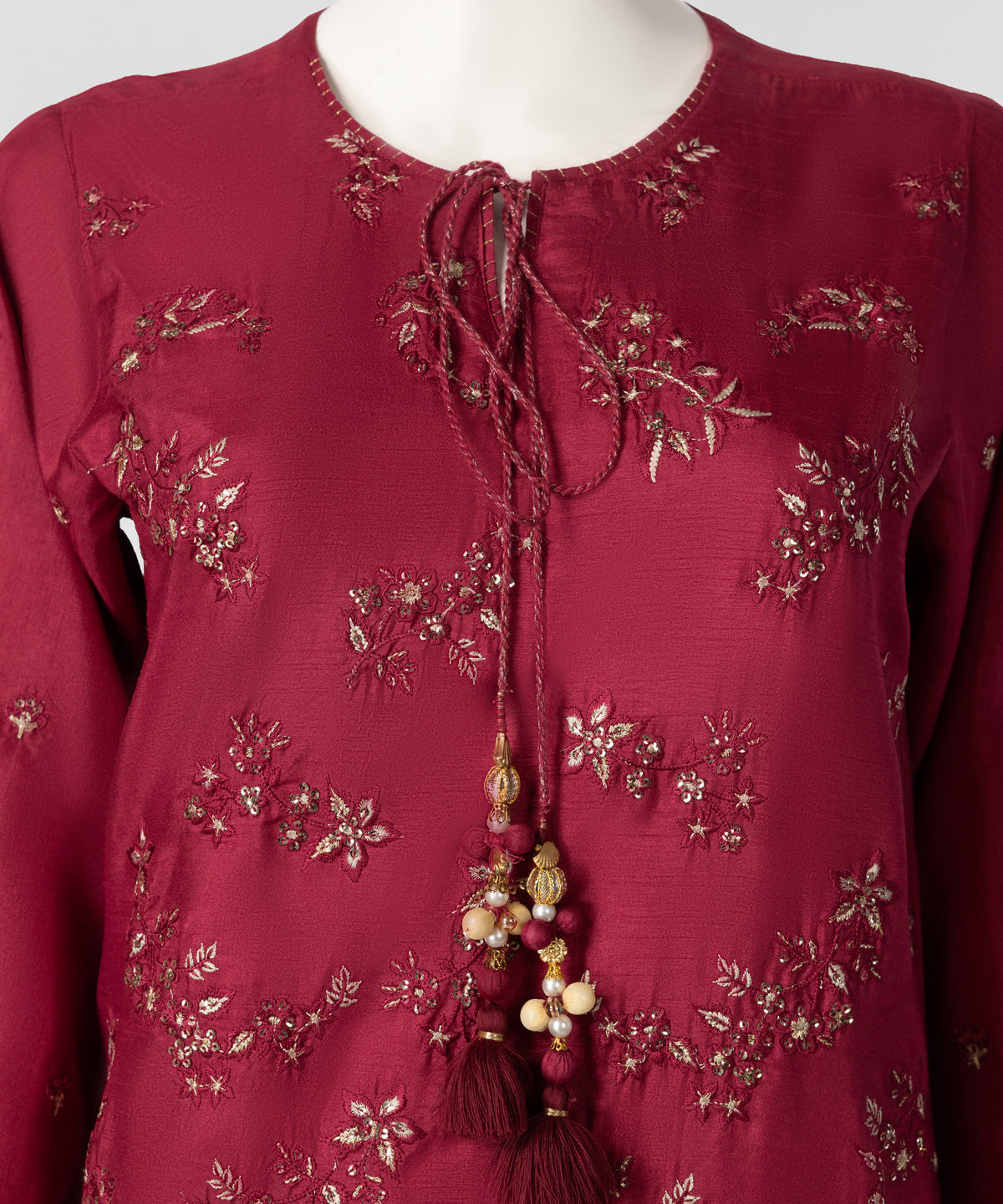 Red Raw Silk Embroidered Stitched 3Pc