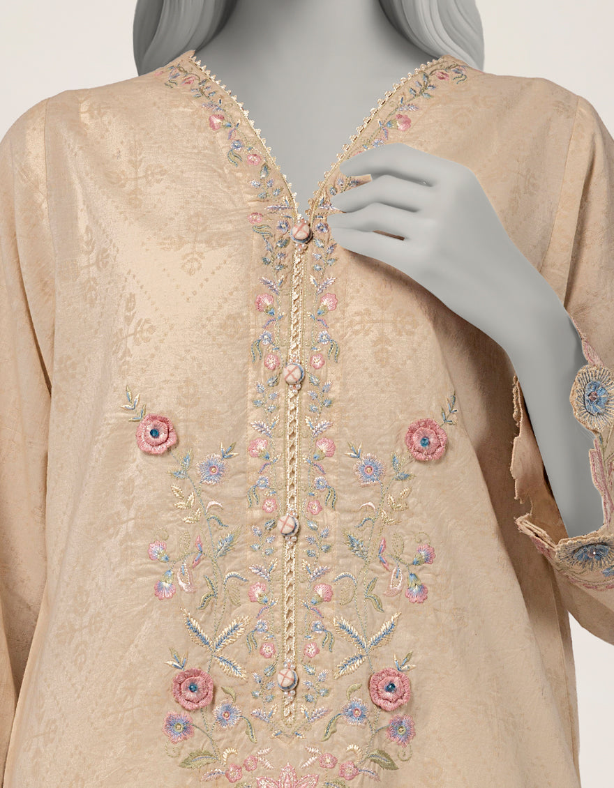 BEIGE DOBBY EMBROIDERED KURTA