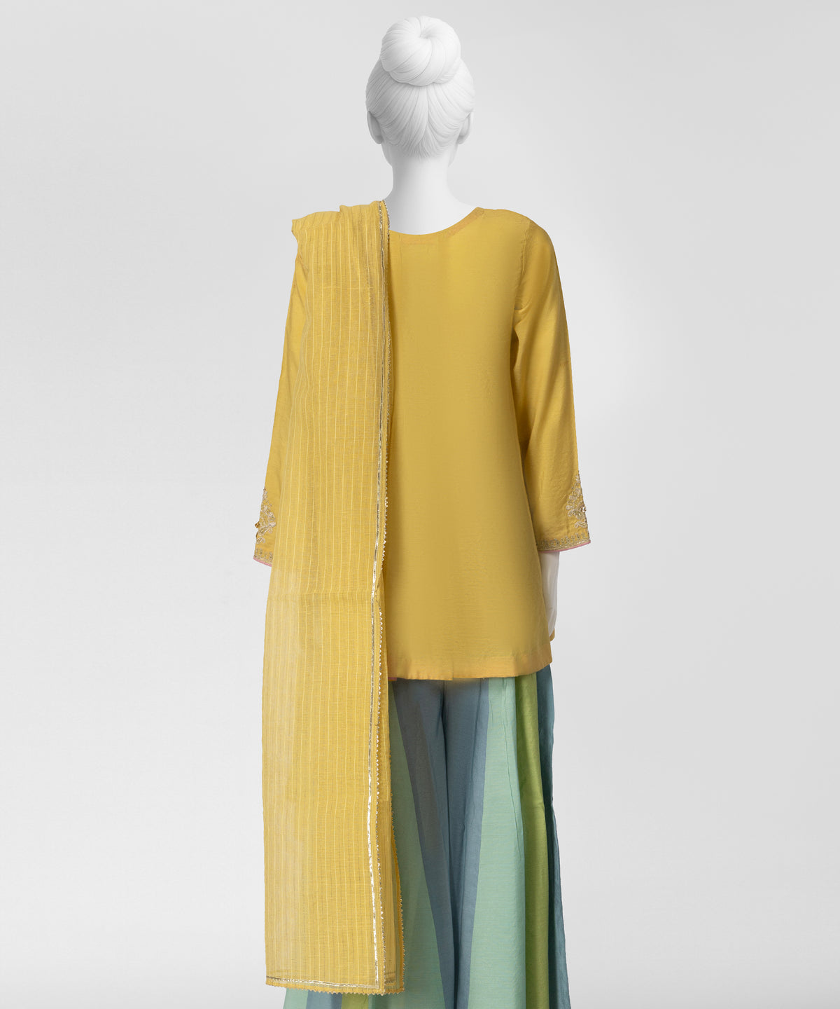 YELLOW COTTON SILK EMBROIDERED STITCHED 3PC