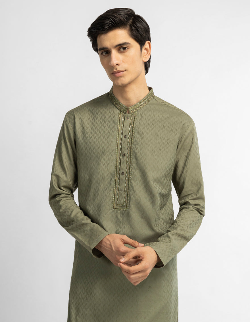 Olive Cotton Formal Jacquard Kurta