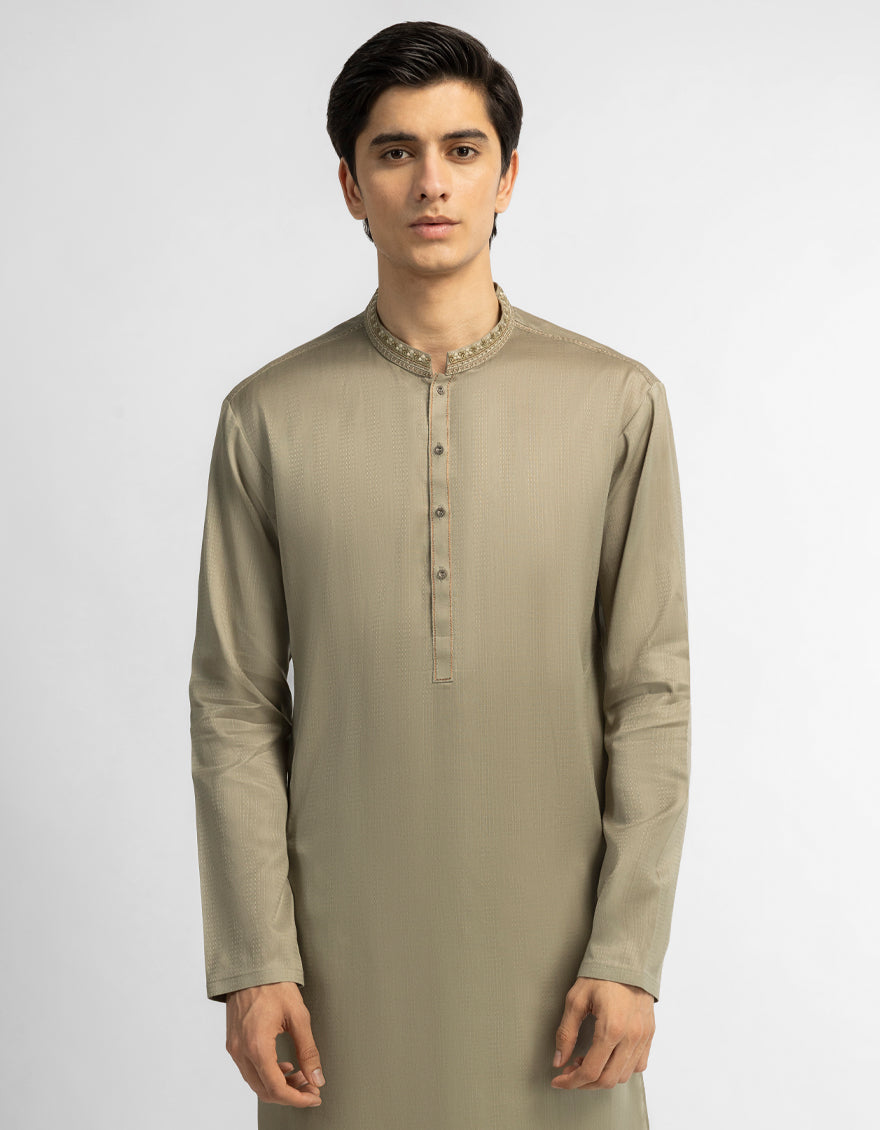 OLIVE COTTON SEMI-FORMAL KURTA