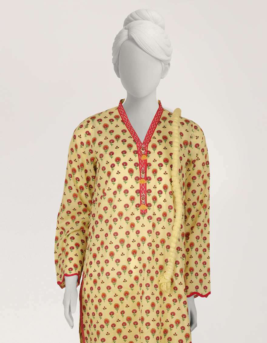 YELLOW LAWN EMBROIDERED STITCHED 3PC