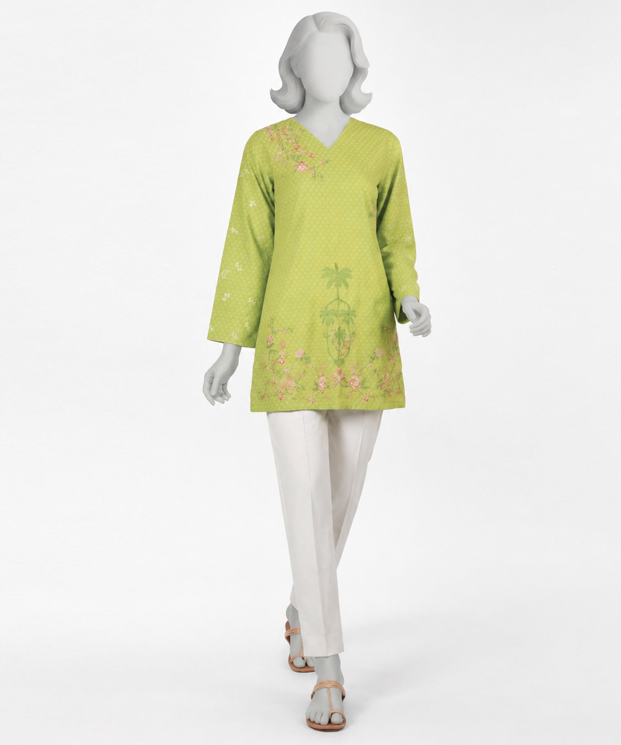 Green Dobby Embroidered Kurta
