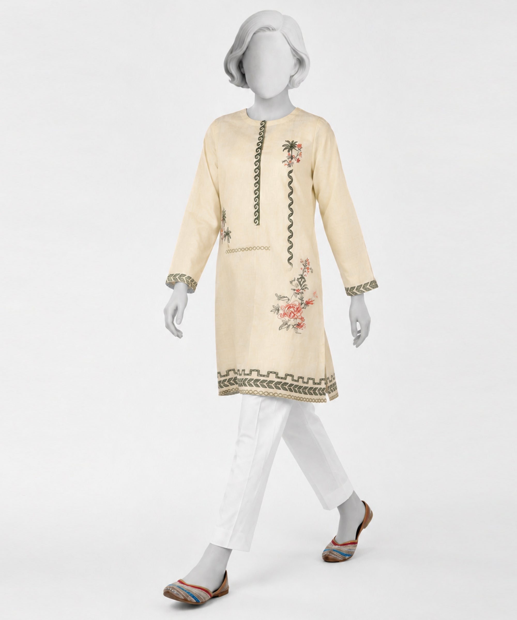 Off White Dobby Embroidered Kurta