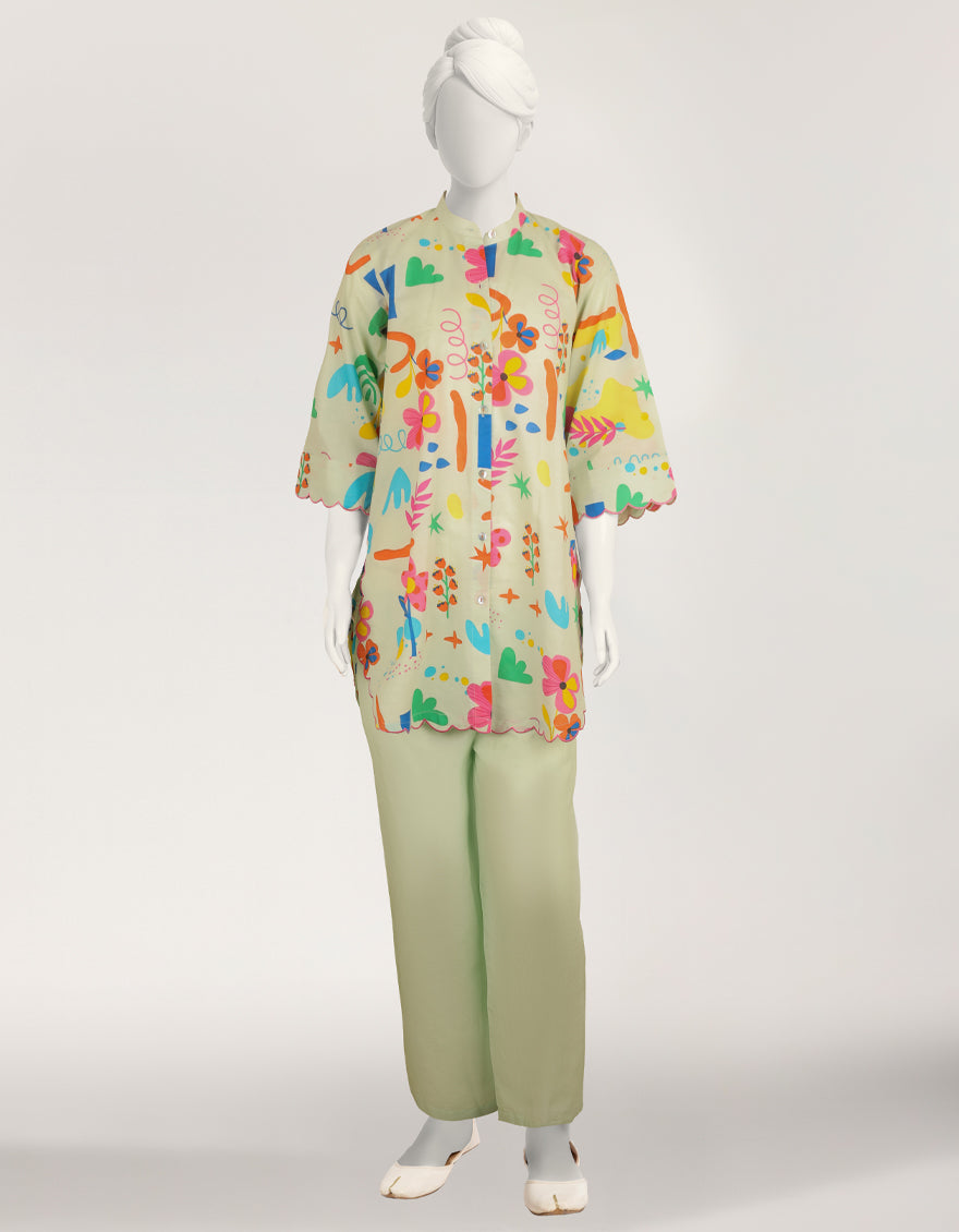 LIGHT GREEN LAWN PRINTED STITCHED 2PC