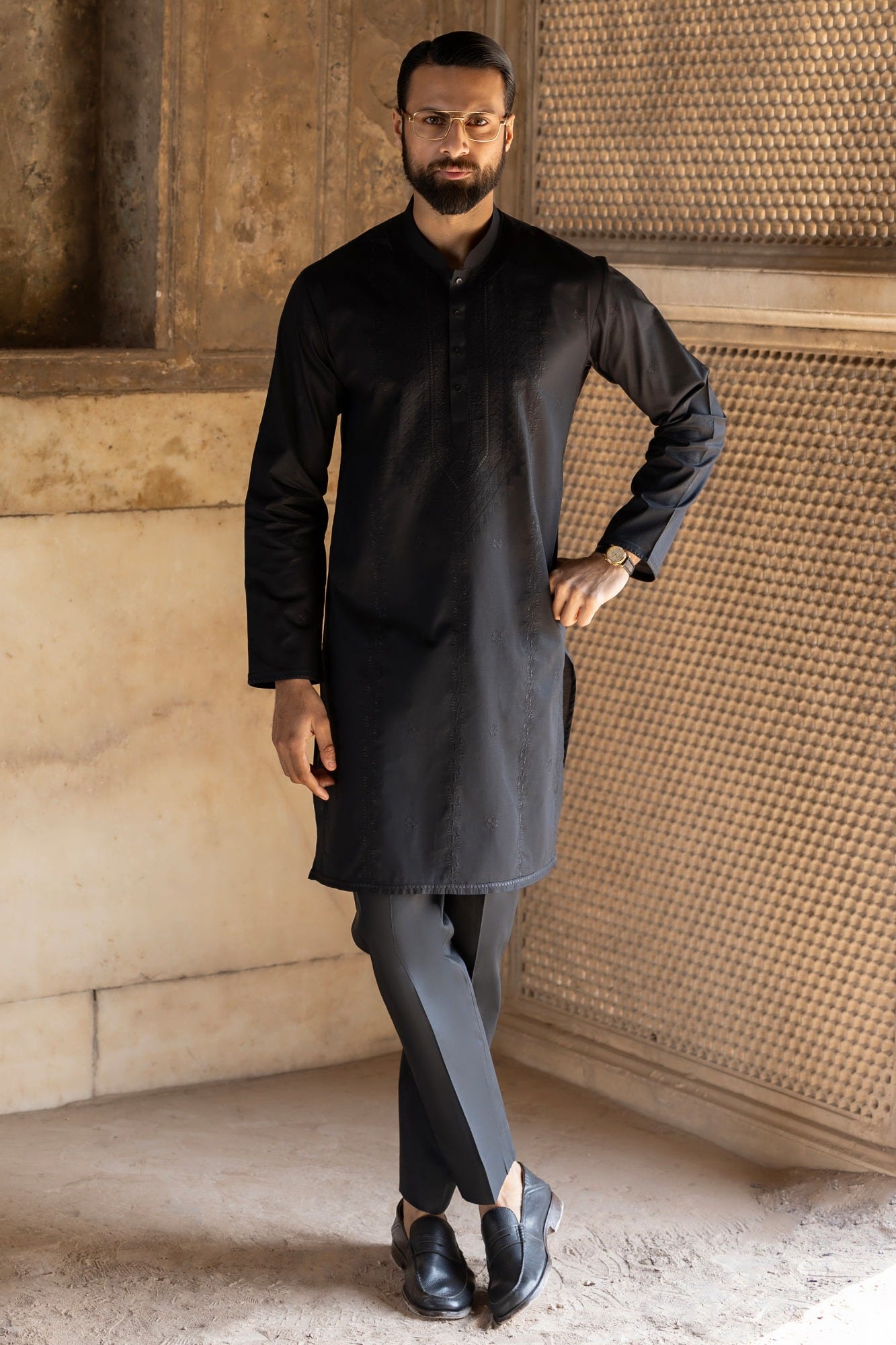 OFFERBURG - BLACK COTTON KURTA TROUSERS