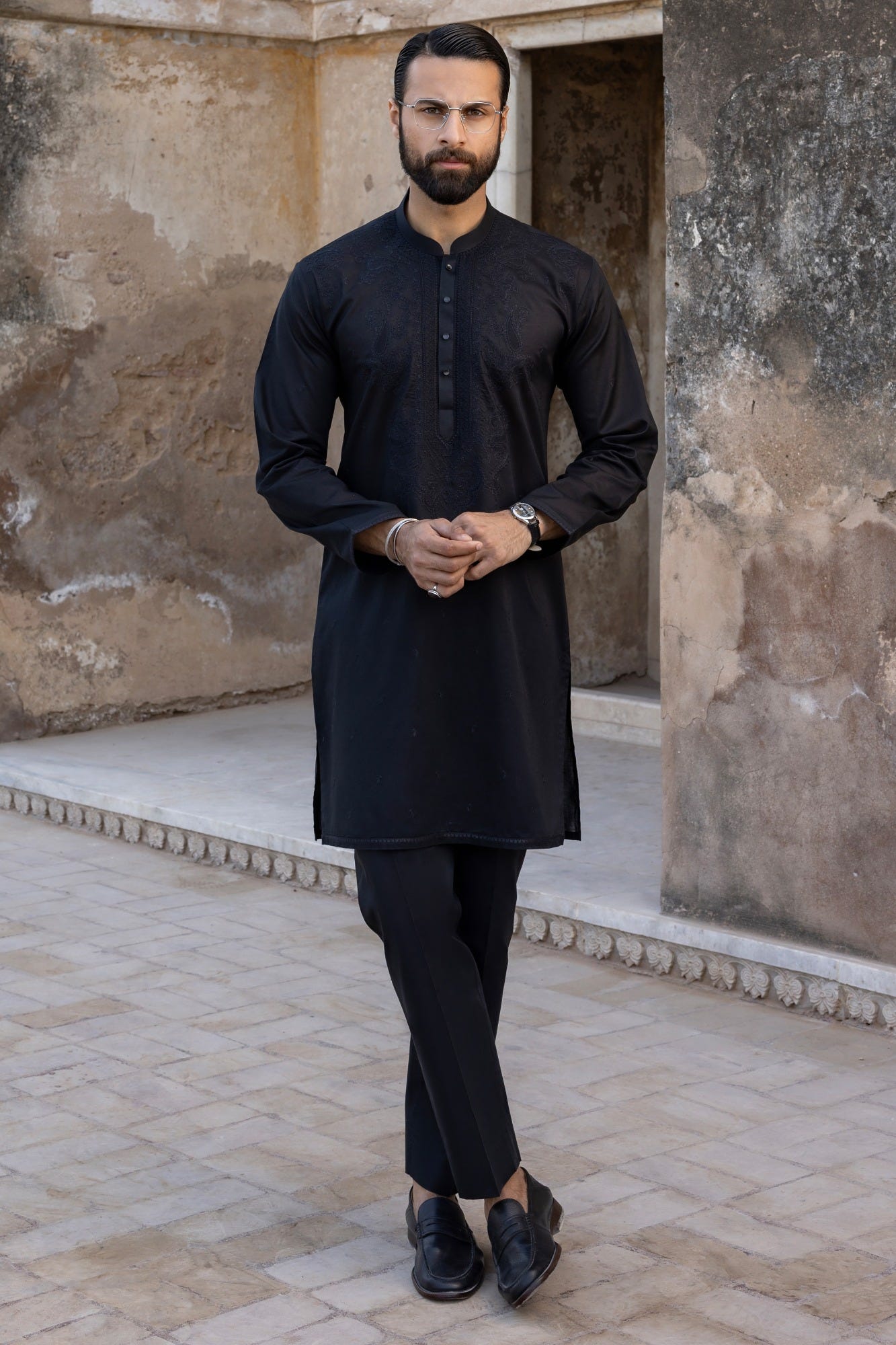 ORENBURG - BLACK COTTON KURTA TROUSERS