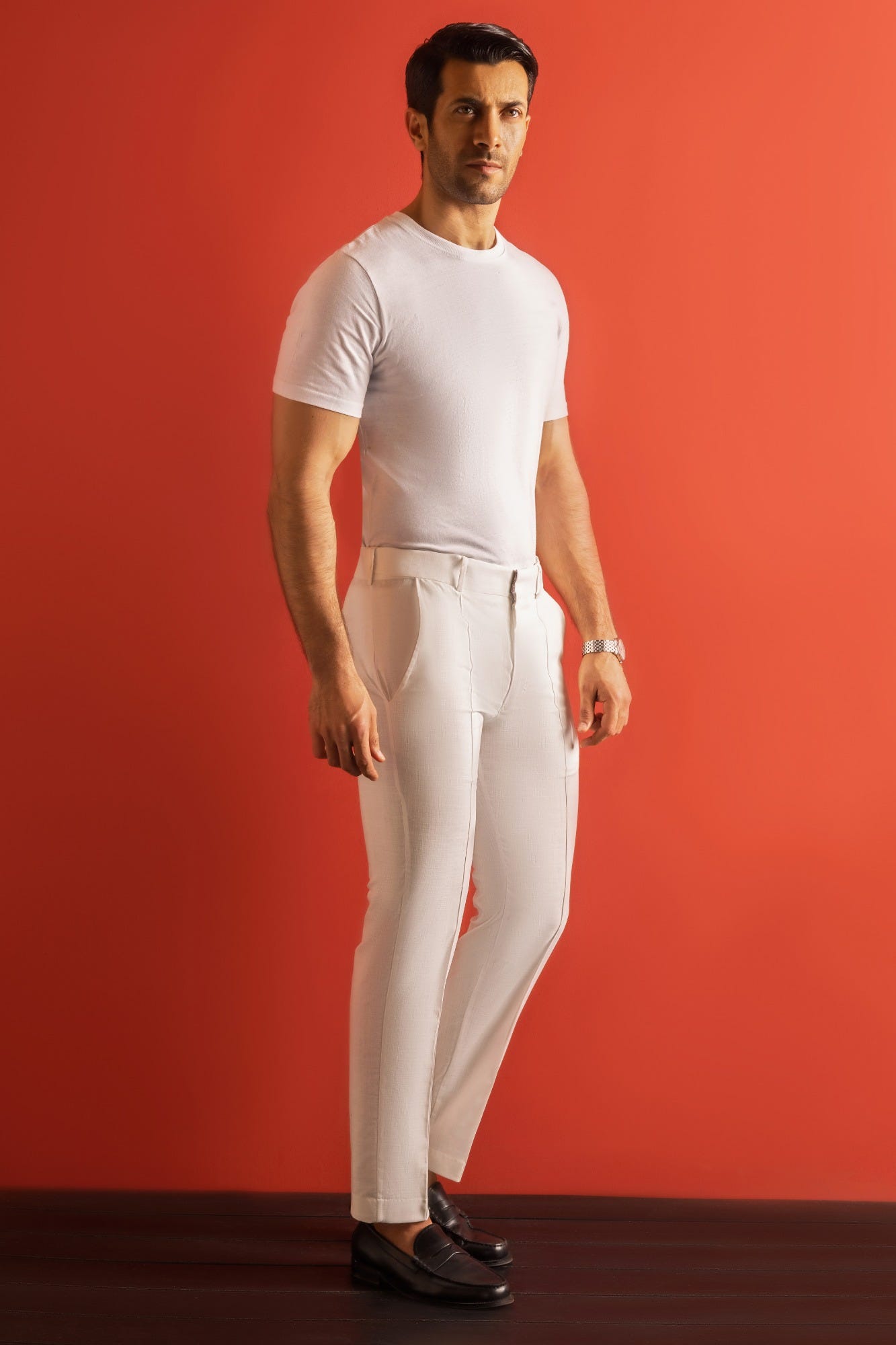 WHITE COTTON PRE-CREASED FLEXI PANT