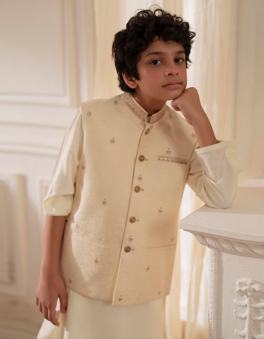 BEIGE FORMAL KURTA TROUSERS & WAISTCOAT