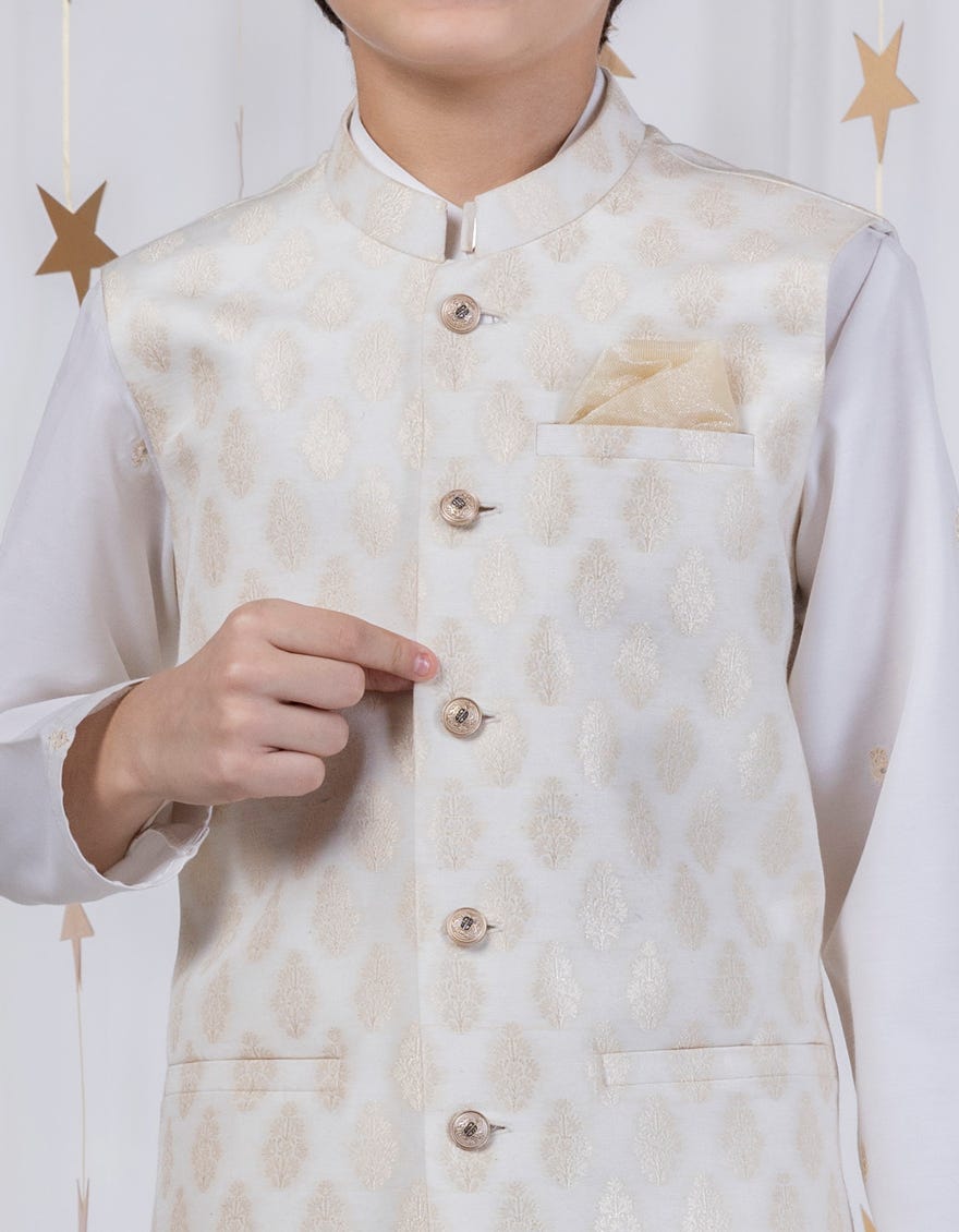 CREAM KAMEEZ SHALWAR + WAISTCOAT | JCKPVC-A-48090