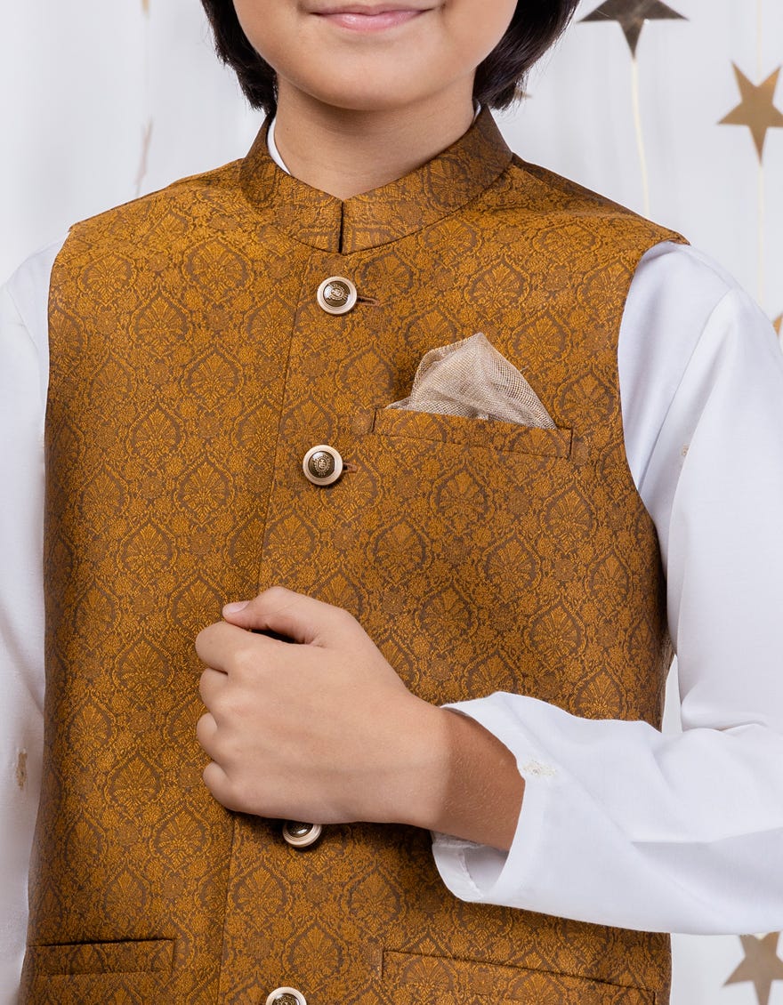GOLD BLENDED KAMEEZ SHALWAR + WAISTCOAT | JCKPVC-A-48092
