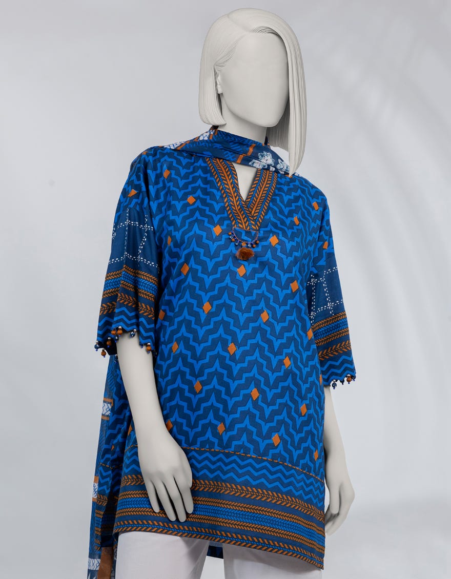 BLUE PRINTED LAWN UNSTITCHED 2PC